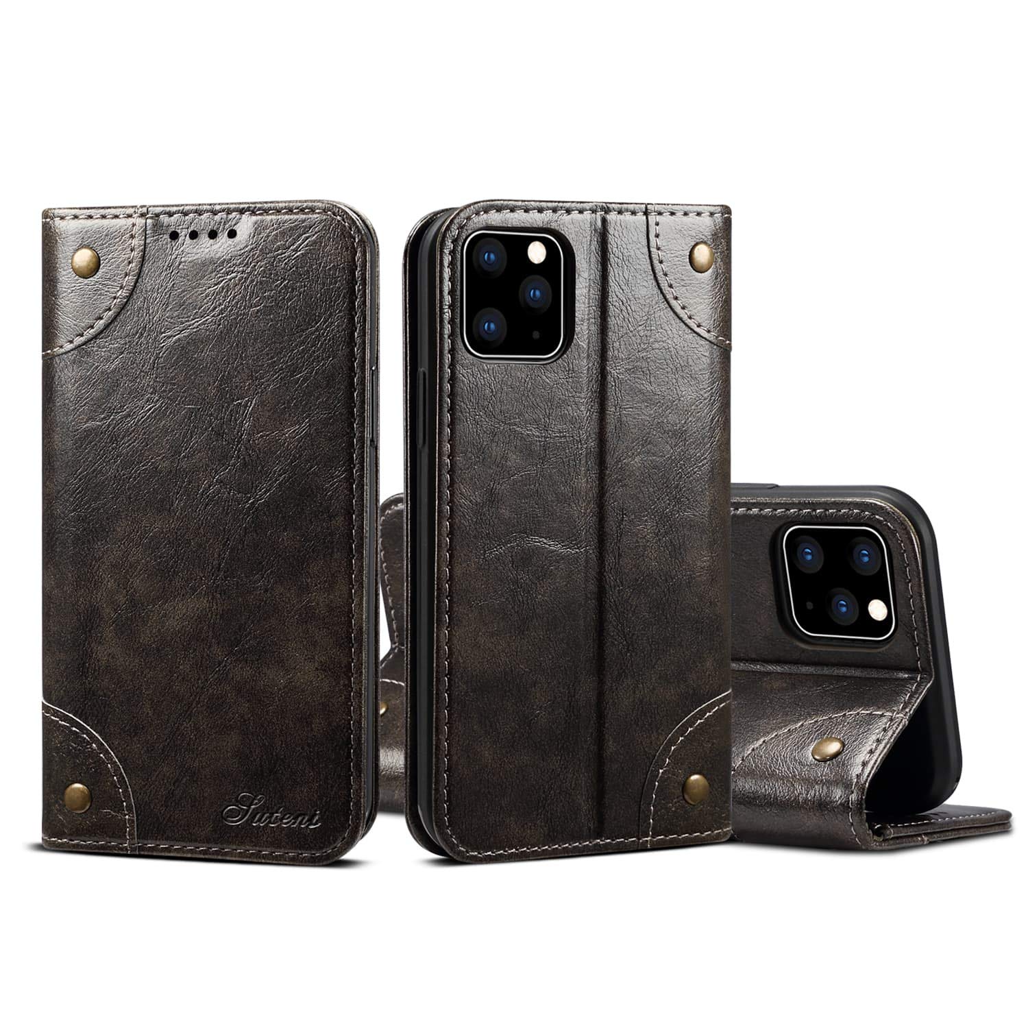 Premium Leather Wallet Case for iPhone 11 Pro Max (6.5 inch, 2019) - Magnetic Folio Cover with Card Slots, ID Holder & Stand Function | Dark Grey | Perfect for Business, Travel & Daily Protection
