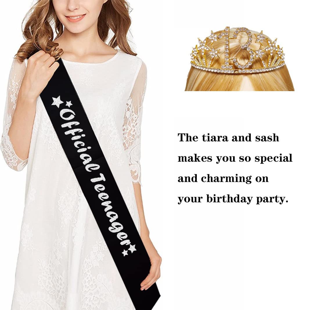 Mayin Happy 13th Birthday Tiara & Sash Set - Crystal Rhinestone Princess Crown with Gold/Silver Lettering & Black Sash - Perfect for Birthday Girl Party Favors, Quinceañera, Sweet 16 & Special Occasions