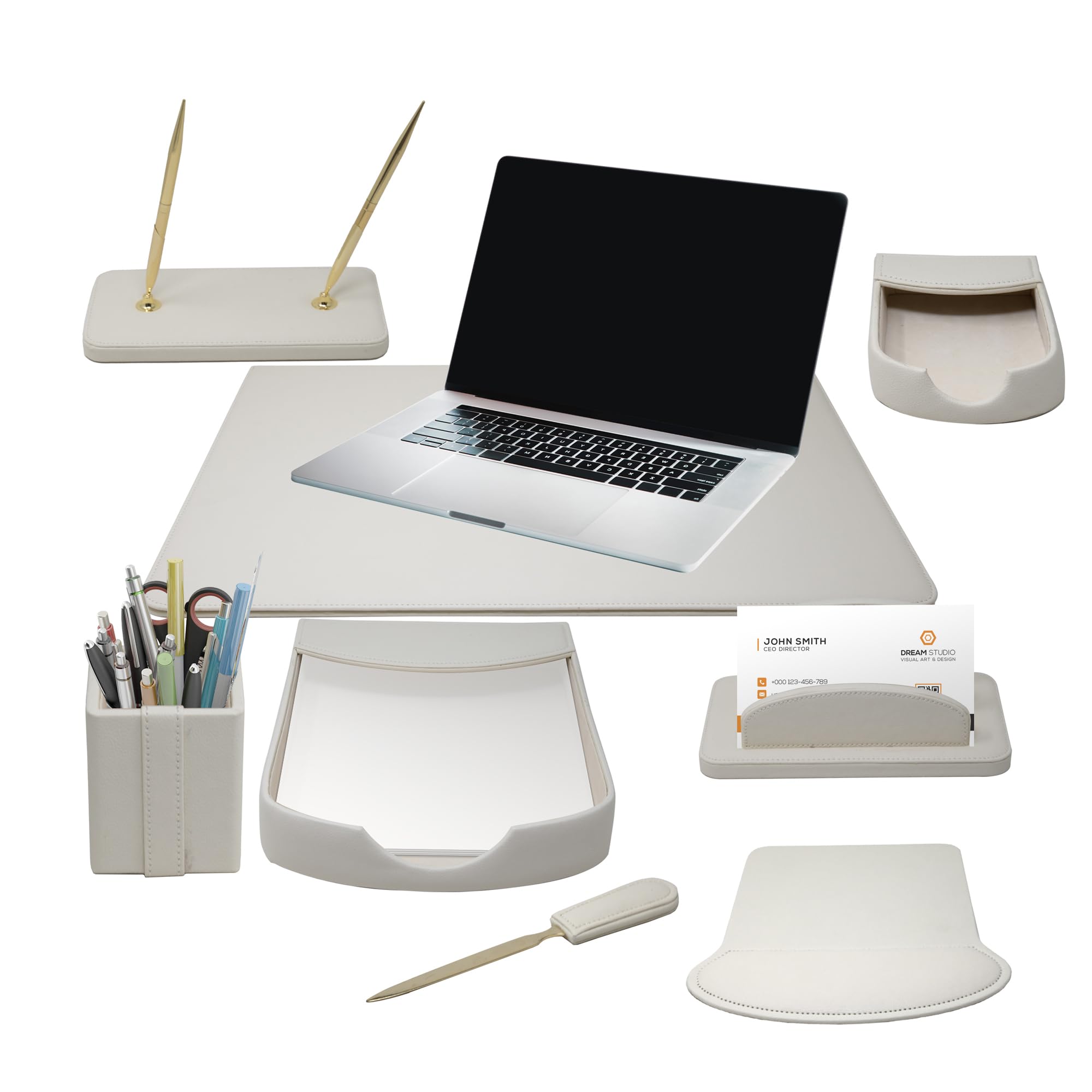Premium 8-Piece Executive Office Desk Organizer Set - Wooden Desk Pad, Letter Holder, File Tray, Memo Holder, Mouse Pad, Pencil Cup, Dual Pen Holder with Pen & Letter Opener - Eco-Friendly Home Office Organization for Professionals (Perfect for Work from Home Setup)