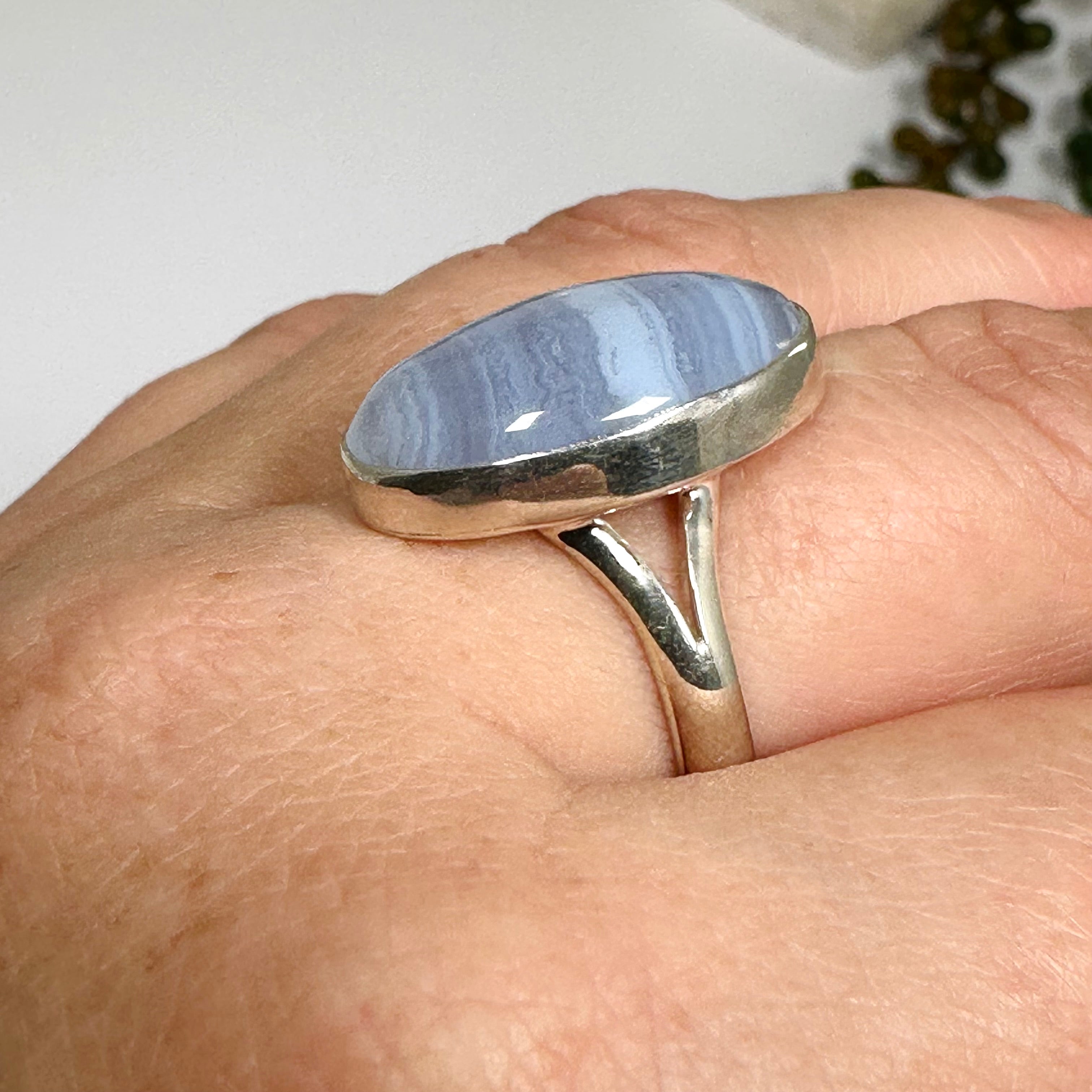 Blue Lace Agate Oval Cabochon Ring - Size 8 - KRGJ3377 - Elegant Handmade Jewelry for Women, Perfect for Weddings, Parties & Everyday Wear