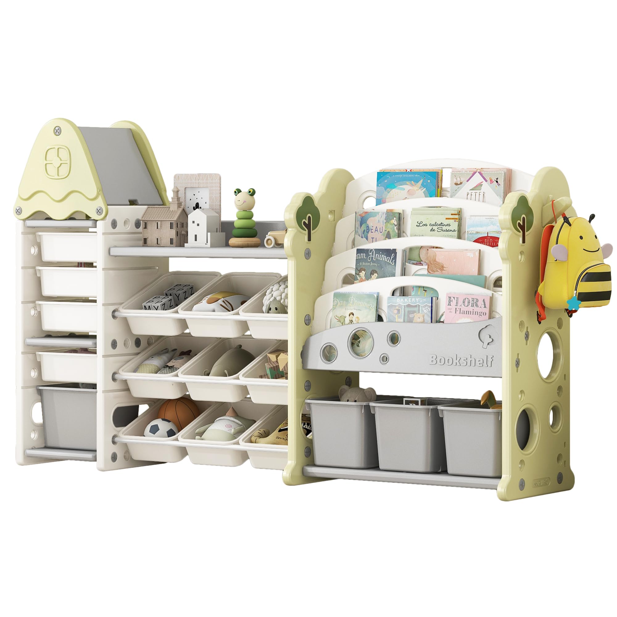 **Merax 5-Tier Kids Toy Storage Organizer with 17 Bins & Bookshelf - All-in-One Green Toy Shelf for Bedroom, Playroom, Living Room - Perfect for Organizing Toys, Books & Kids' Room Decor**