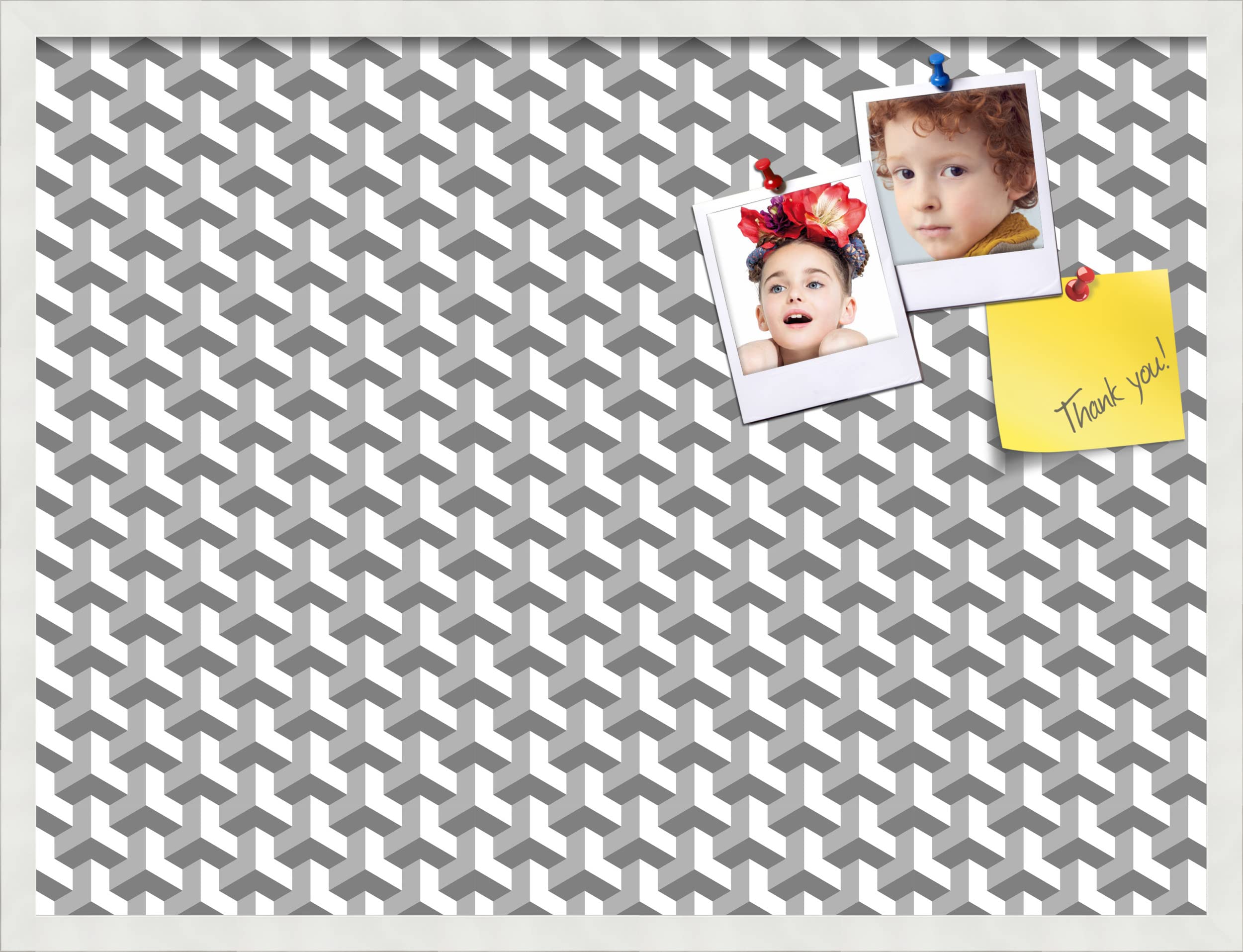 PinPix 32x24 Inch Cork Bulletin Board - Decorative Framed Pin Board with BAUS Grey White Design & Satin White Frame - Perfect for Home Office Decor, School Classroom, Dorm Room Organization & Wall Memo Display (PinPix-1514)