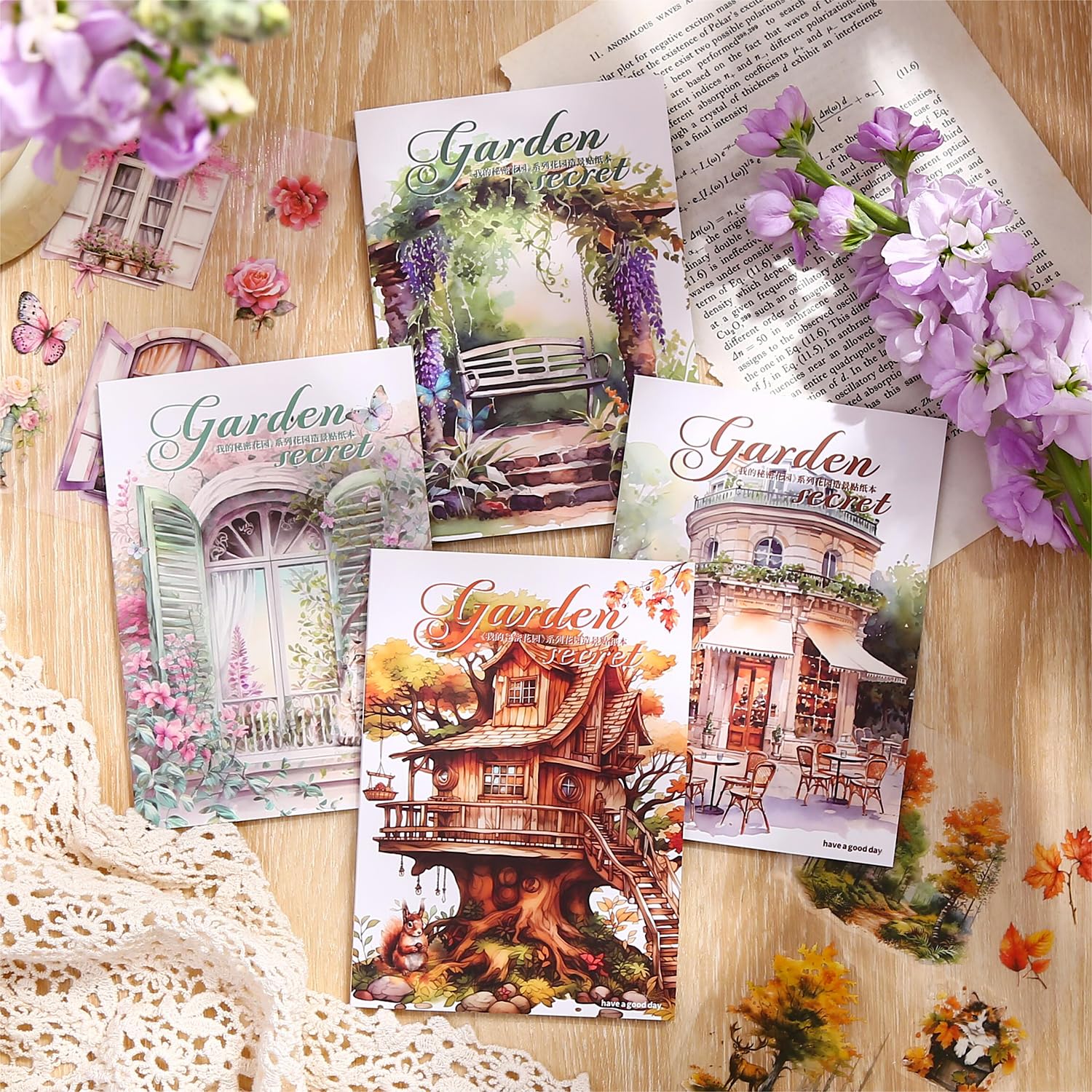 490+ Pieces Knaid Scenery Sticker Set - 4 Pack Sticker Books with Blooming Windows, Garden Houses, Enchanted Forest & Garden Fences for Scrapbooking, Bullet Journals, Planners & DIY Crafts - Perfect for Journal Decoration, Memory Books & Creative Projects