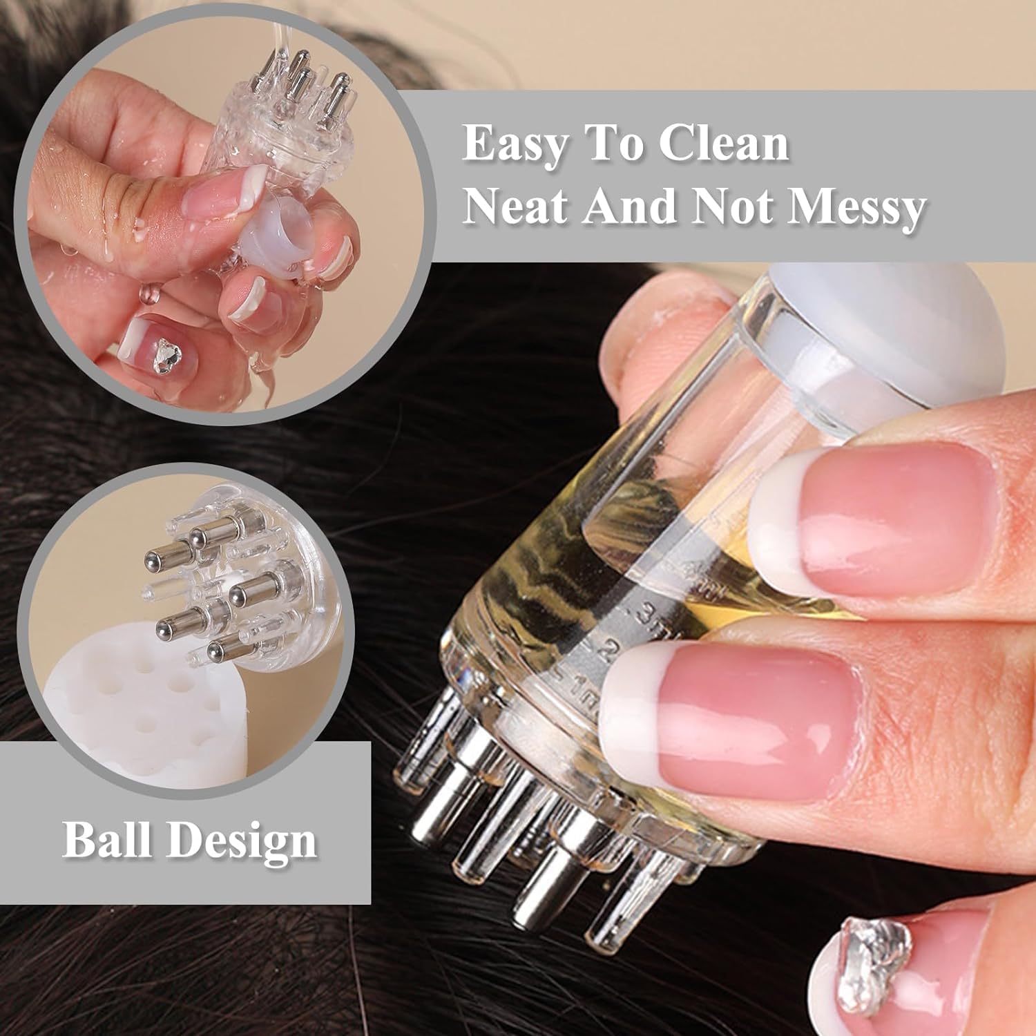 DLALA 1-Hair Oil Applicator with 6ml Tank - 5 Ball Heads & 6 Massage Teeth for Scalp Massage - Anti Hair Loss Lotion Dispenser - Essential Oil Applicator for Hair Growth (White) - Perfect for Home Hair Care & Salon Treatments