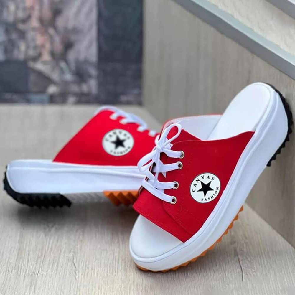 TKER 2022 Women's Fashion Platform Canvas Sandals - Comfortable Fish Mouth Beach Slippers, Casual Ladies Sneakers & Comfy Canvas Shoes (Size 10, Red) - Perfect for Summer Outings, Beach Vacations and Everyday Wear