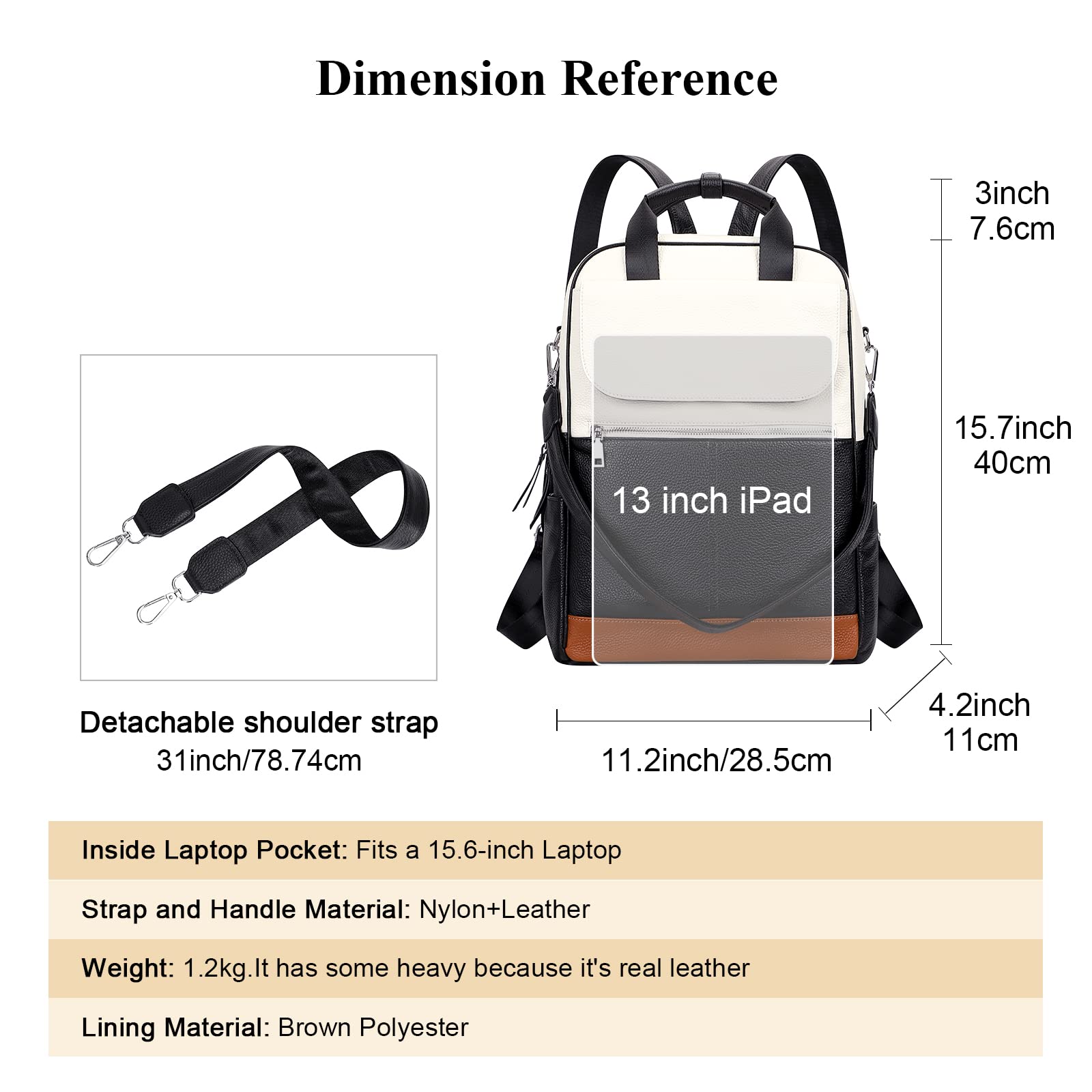 ALTOSY Genuine Leather Women's Backpack Purse - Convertible Shoulder Bag & Laptop Backpack for 14 Inch Devices (S110 Black/Beige) - Perfect for Work, Travel & College