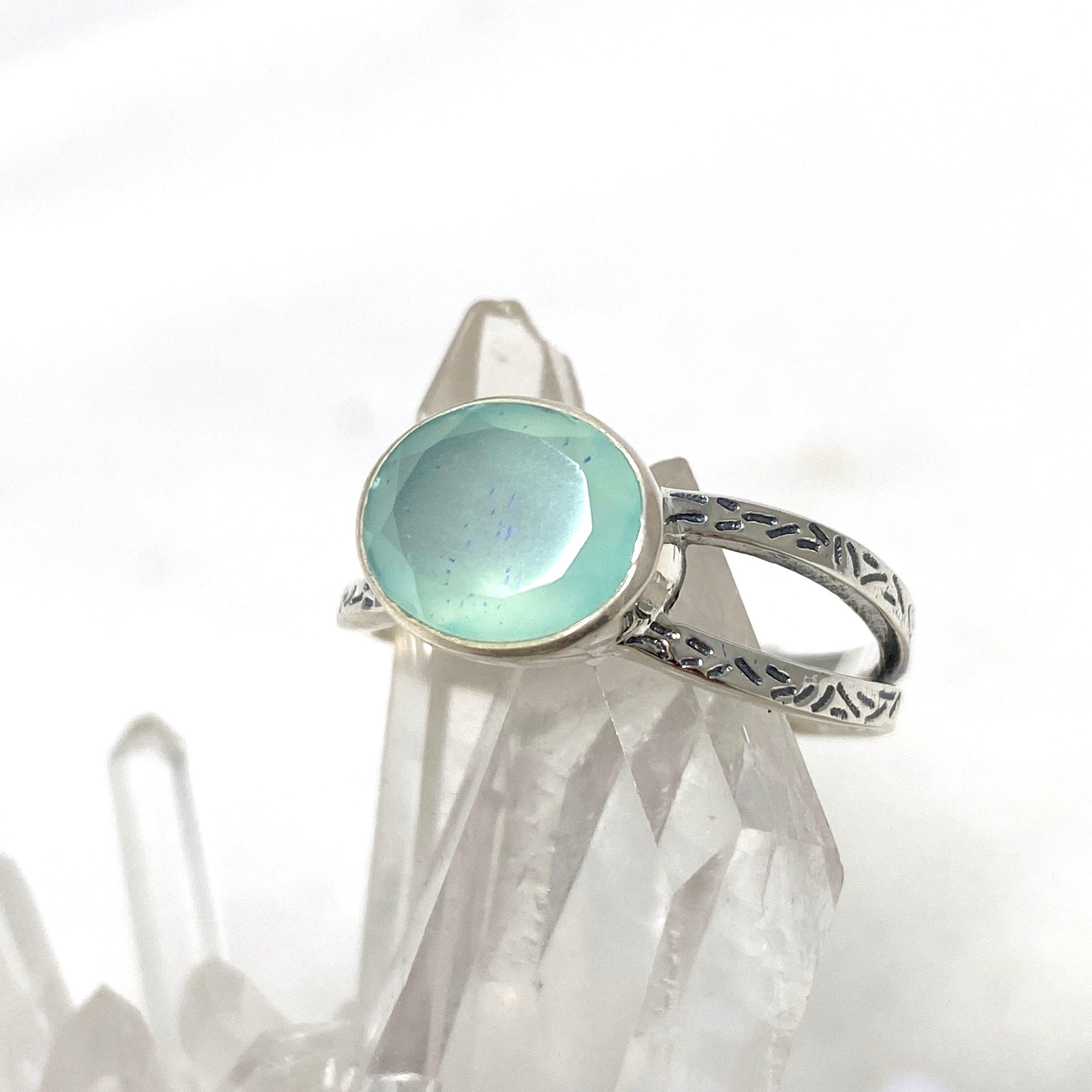 Aqua Chalcedony Faceted Oval Split Band Ring for Women - Elegant Decorative Jewelry R3861 | Perfect for Weddings, Parties & Everyday Wear