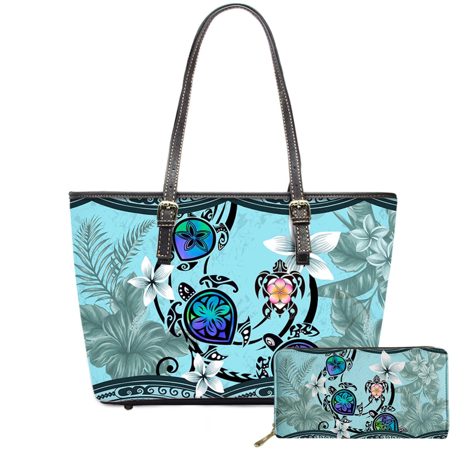 ORGYPET Women's Tote Shoulder Bag - Polynesian Turtle Floral PU Leather Purse with Zipper & Multiple Pockets (Mint Green, 2-Pack) | Perfect for Work, Travel & Everyday Use