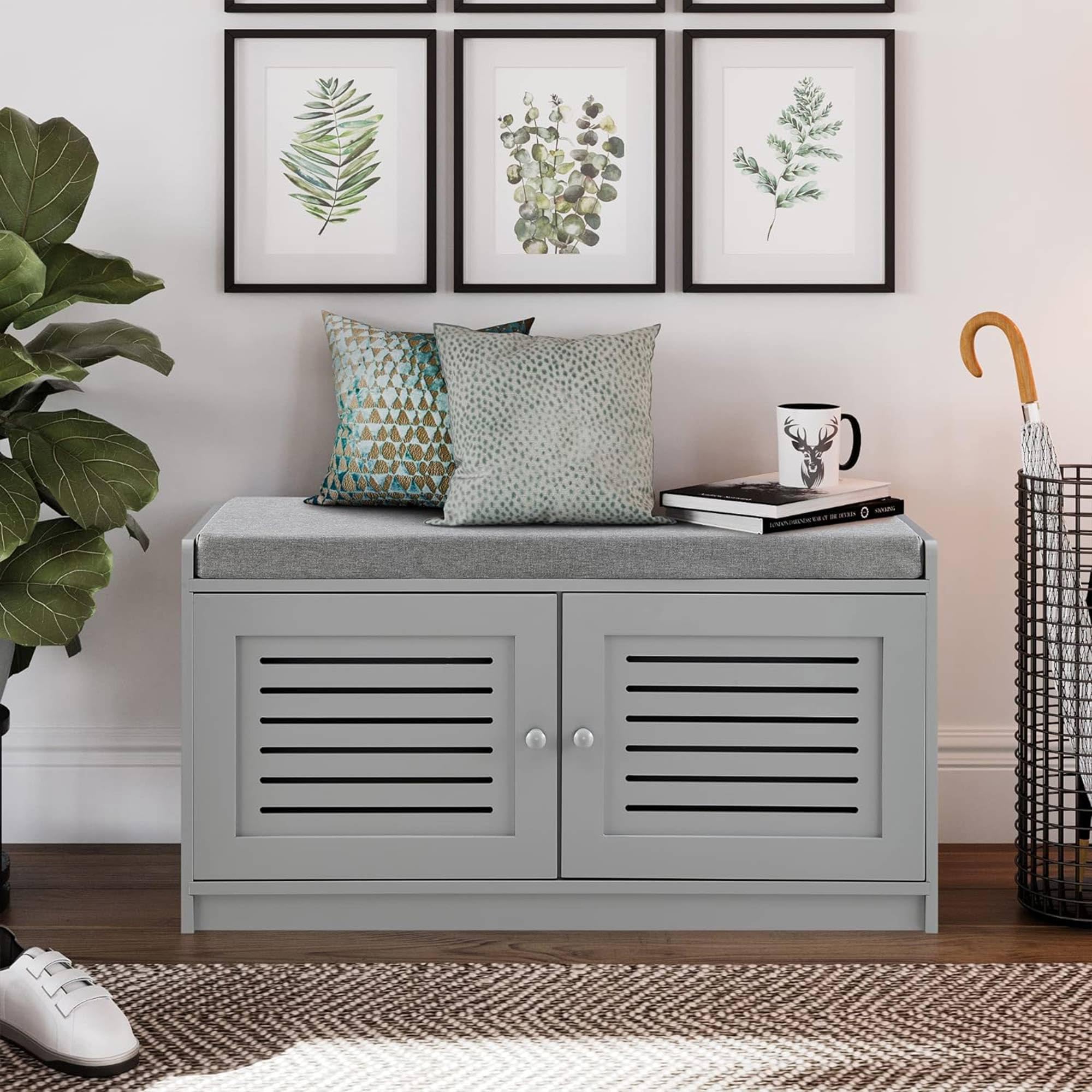 2 Pack Gray Wooden Shoe Storage Bench with Cushioned Seat & Adjustable Shelves - Entryway Organizer for Living Room, Bedroom & Hallway | Perfect for Small Spaces, Closet Organization & Shoe Rack Furniture