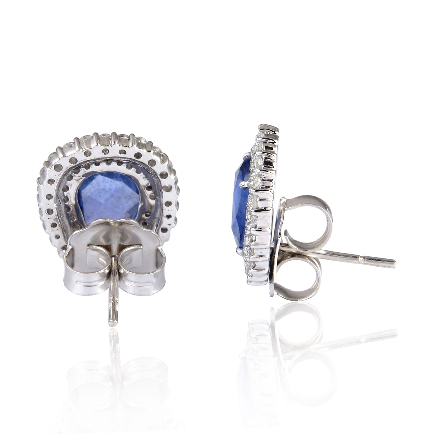 Blue Sapphire Gemstone Pave Diamond Stud Earrings in 14K White Gold | Elegant Jewelry for Women | Perfect for Weddings, Anniversaries & Special Occasions