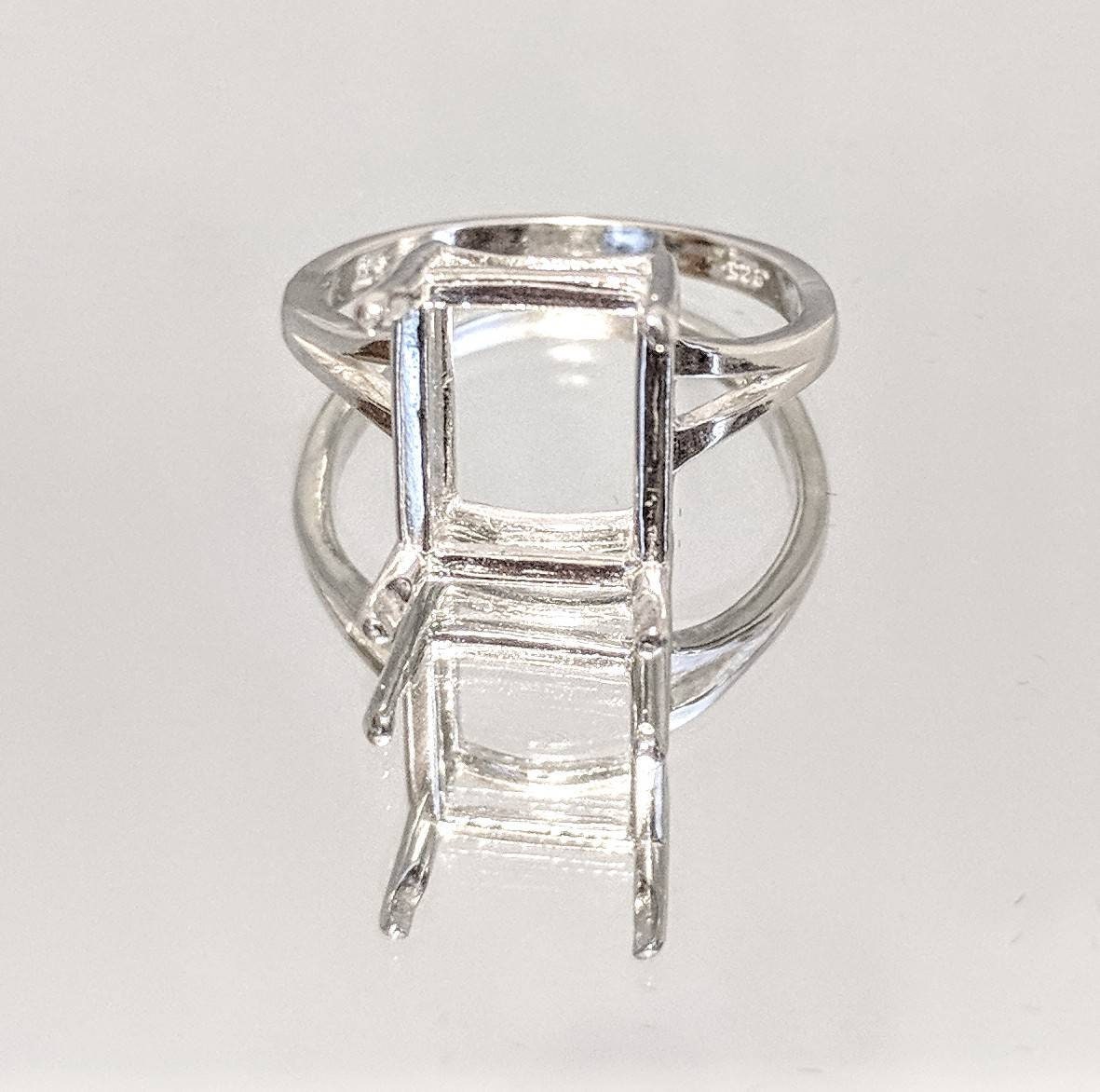 Sterling Silver 9x7mm Emerald Cut Blank Ring with Notched Shank - Size 5,6,7,8 - Jewelry Making Supplies for DIY Engagement Rings & Wedding Bands
