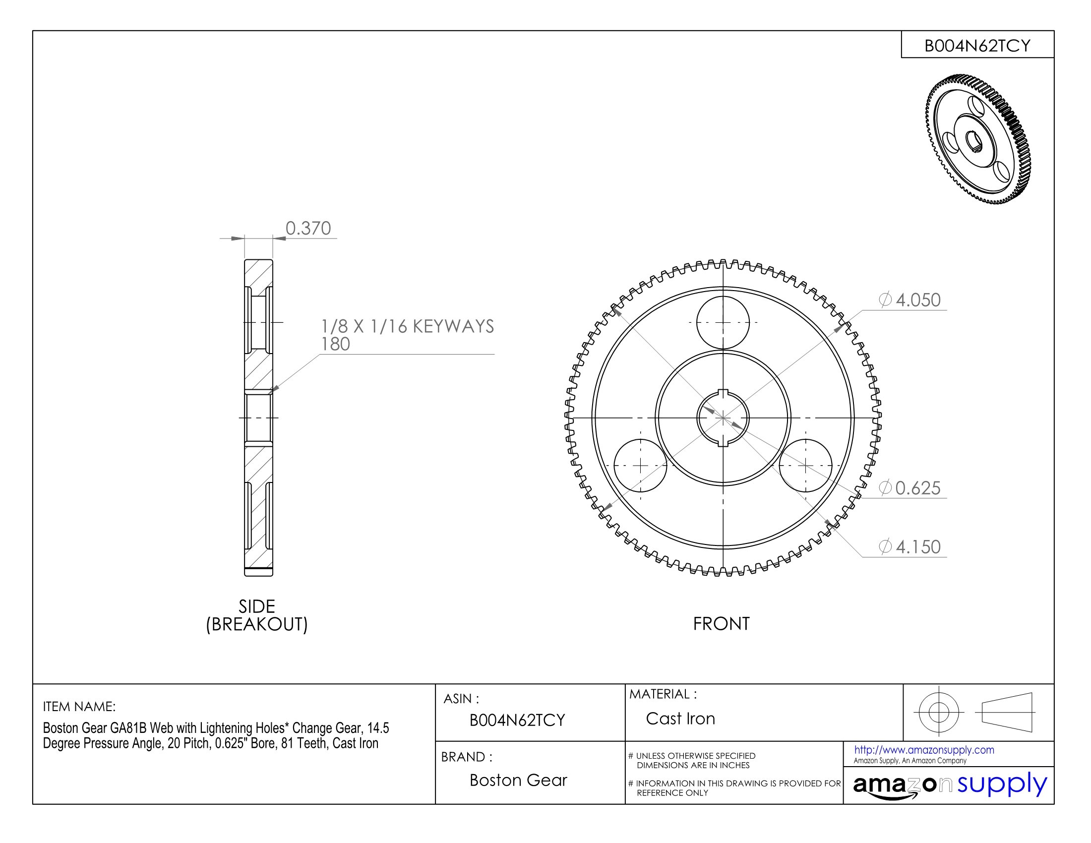 GA81B Web with Lightning Holes Change Gear - 14.5° Pressure Angle, 20 Pitch, 0.625