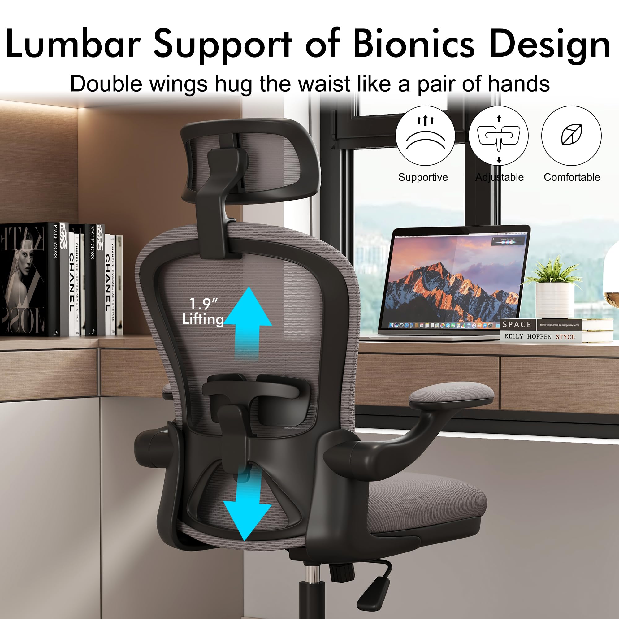 Ergonomic Office Chair with Adjustable Lumbar Support & Headrest - Breathable Mesh Desk Chair with Adjustable Arms & Wheels - Home Office Computer Chair for Long Hours Work (Black) - Perfect for Remote Work, Gaming & Study Sessions