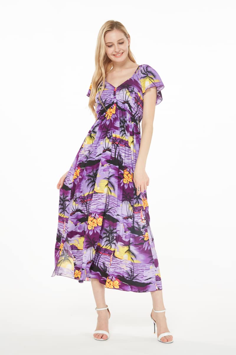 Women's Hawaiian Maxi Dress with Ruffle Sleeves - Tropical Sunset Print Flowy Beach Dress for Vacation, Summer Party & Boho Fashion