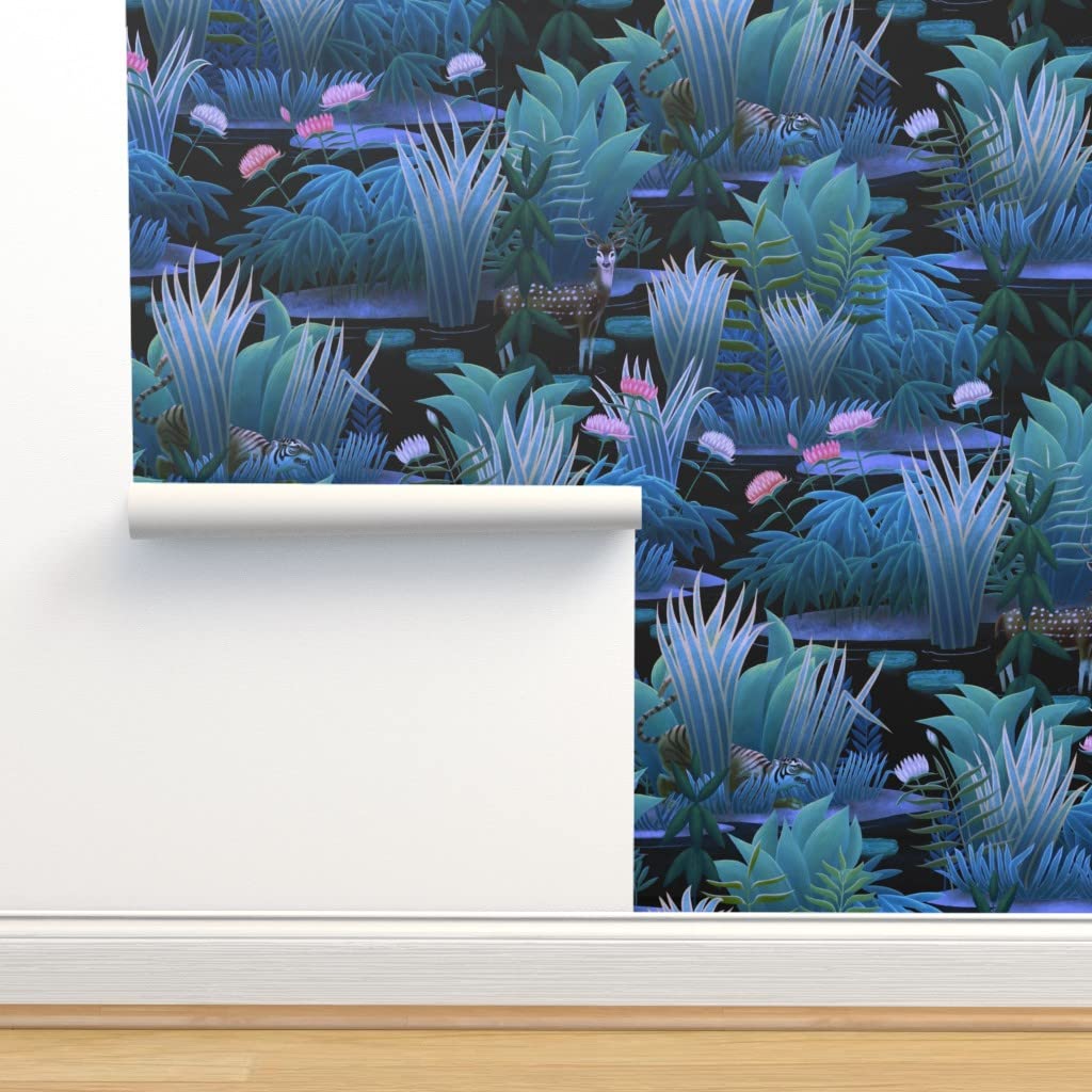 Premium Commercial Grade Wallpaper - 27ft x 2ft Black Deer Jungle Tropical Pattern, Peel and Stick Removable Wallpaper for Living Room, Bedroom, Office Decor by Spoonflower
