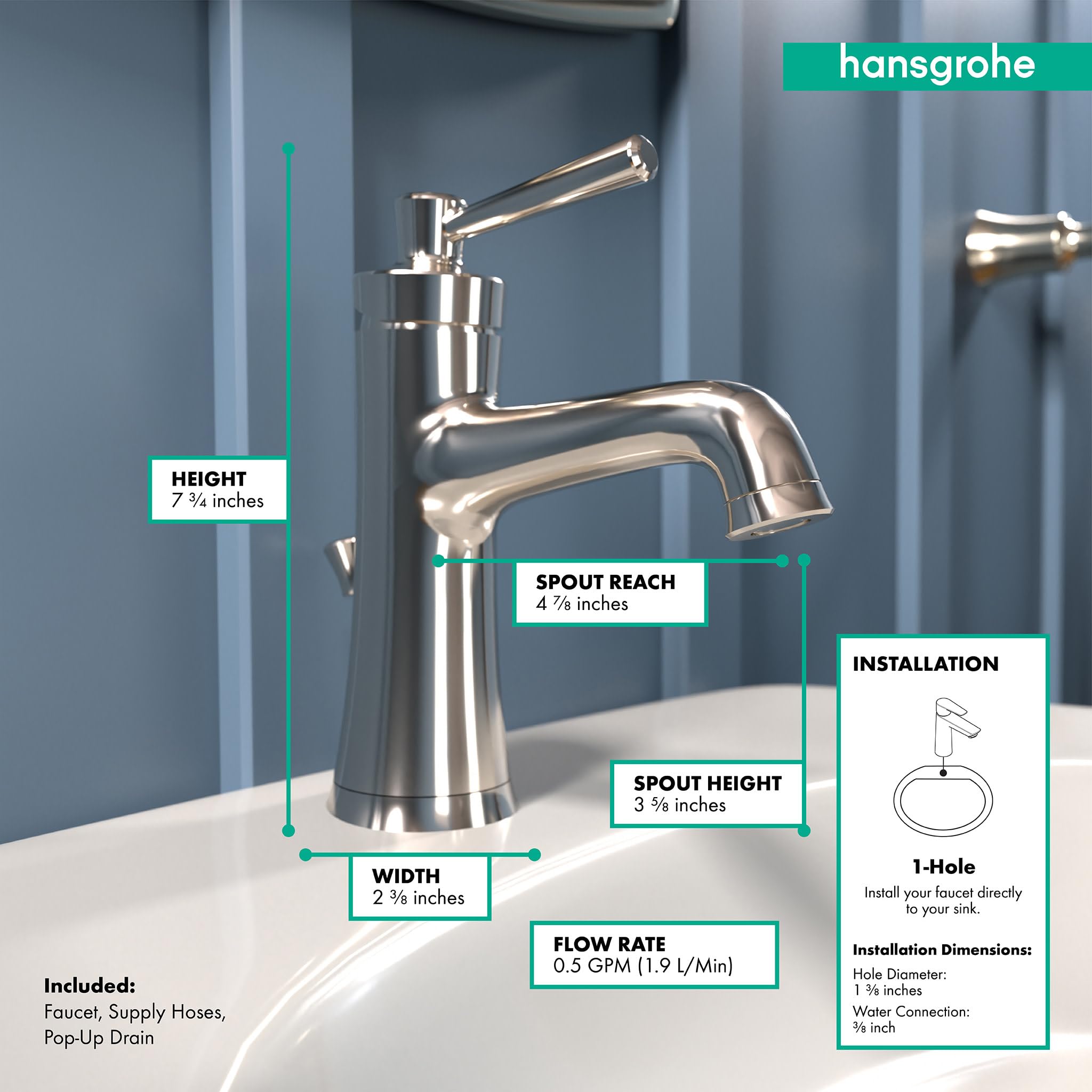 Hansgrohe Joleena Transitional 1-Handle 8-Inch Tall Bathroom Sink Faucet in Polished Nickel - 04773830 - Perfect for Modern Bathroom Vanities and Powder Rooms