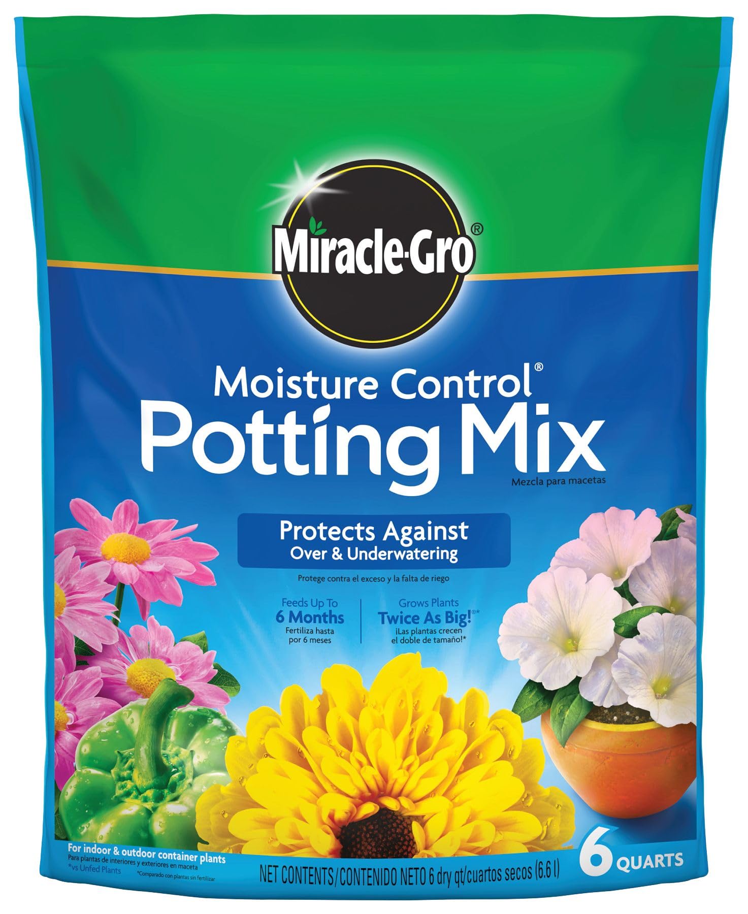 Miracle-Gro Moisture Control Potting Mix 6 qt - Premium Indoor & Outdoor Plant Soil for Flowers, Vegetables & Houseplants - Ideal for Container Gardening & Raised Beds