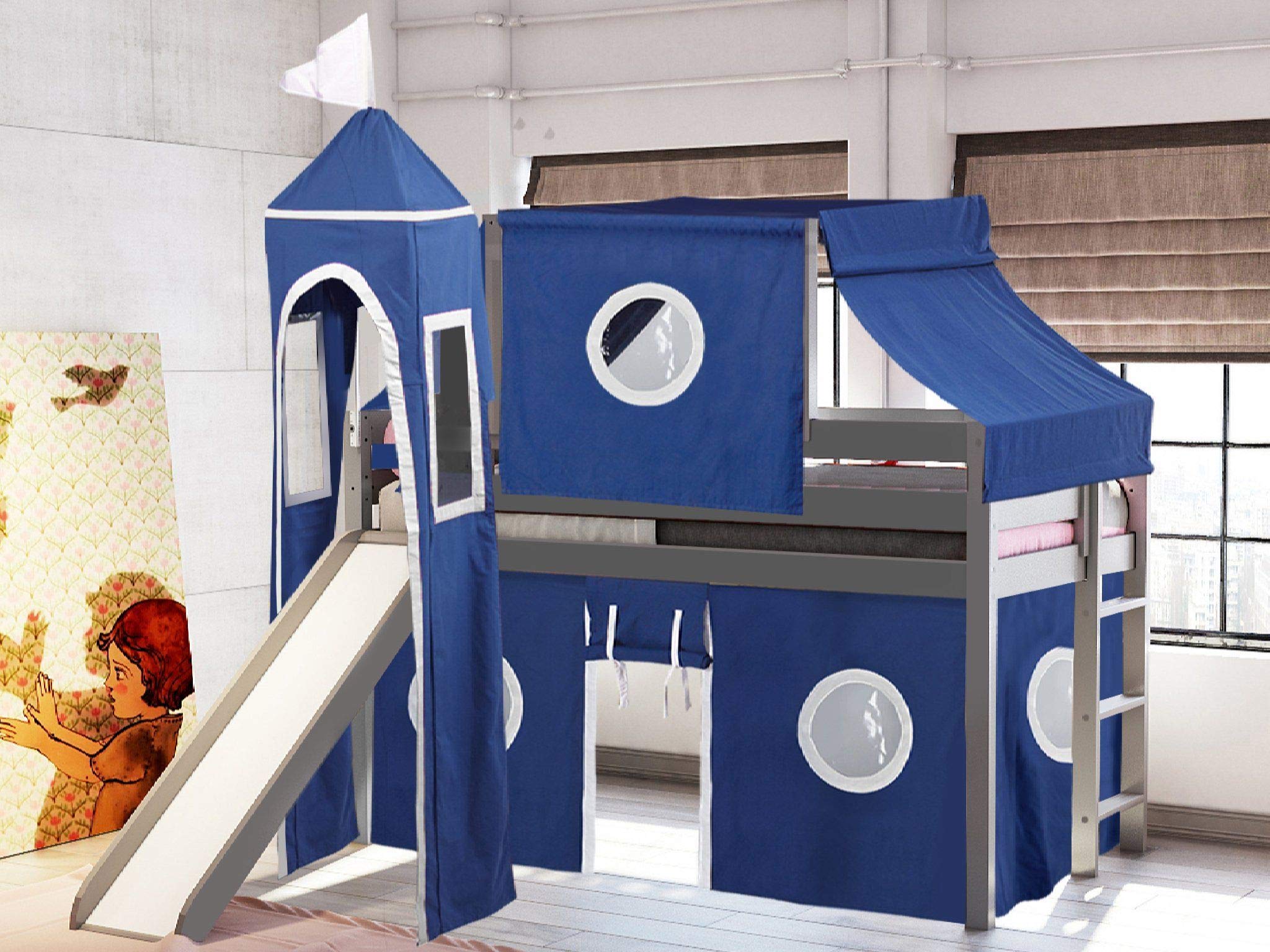 JACKPOT! Twin Size Gray Castle Low Loft Bed with Slide - Blue & White Play Tent & Tower for Kids | Perfect for Bedrooms, Playrooms & Imaginative Play