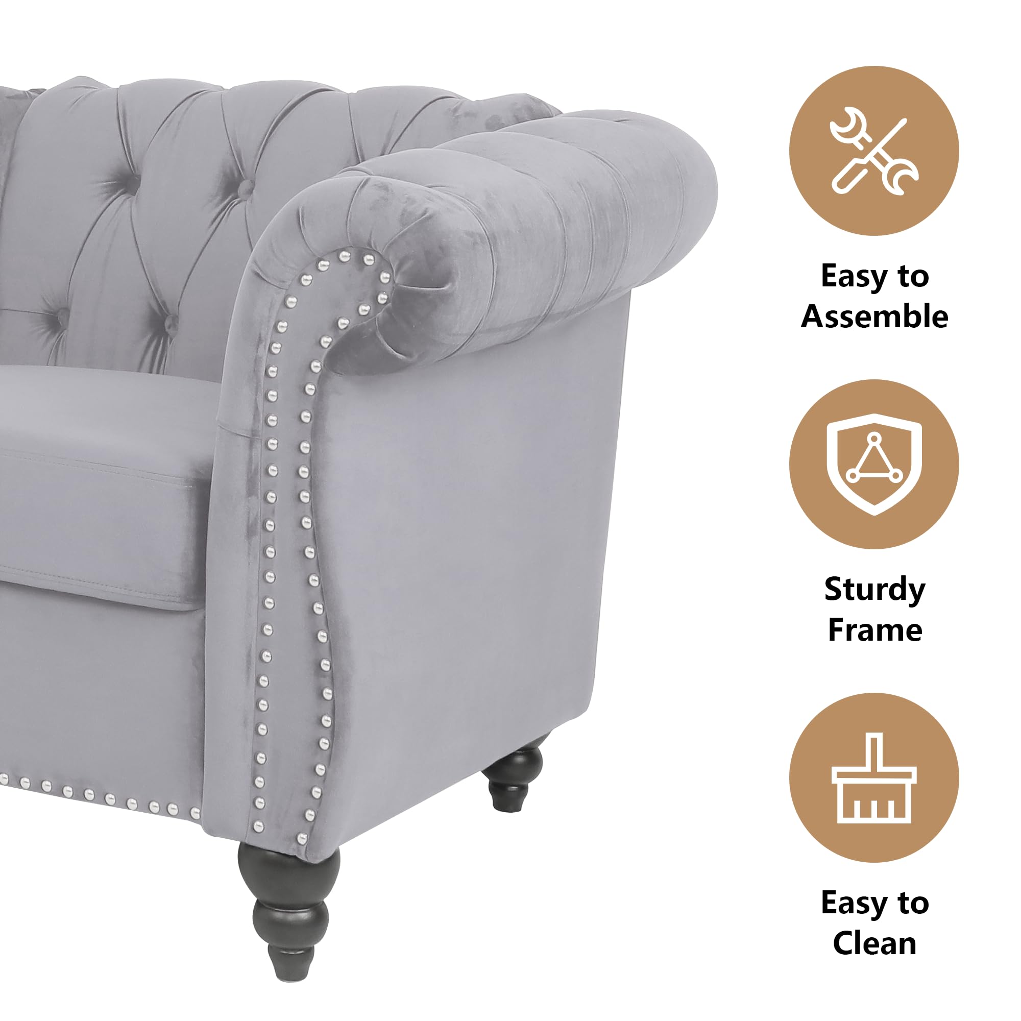 QHITTY Velvet Chesterfield Accent Chair - Modern Tufted Upholstered Living Room Furniture in Grey | Perfect for Home Office, Lounge & Reading Nook