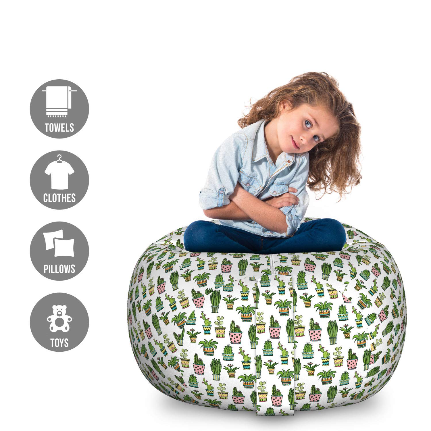 Ambesonne Large Washable Toy Storage Bag Chair - Colorful Cactus & Succulent Pattern, Stuffed Animal Organizer for Kids Room, Nursery, Playroom - Multicolor Doodle Style Houseplant Design
