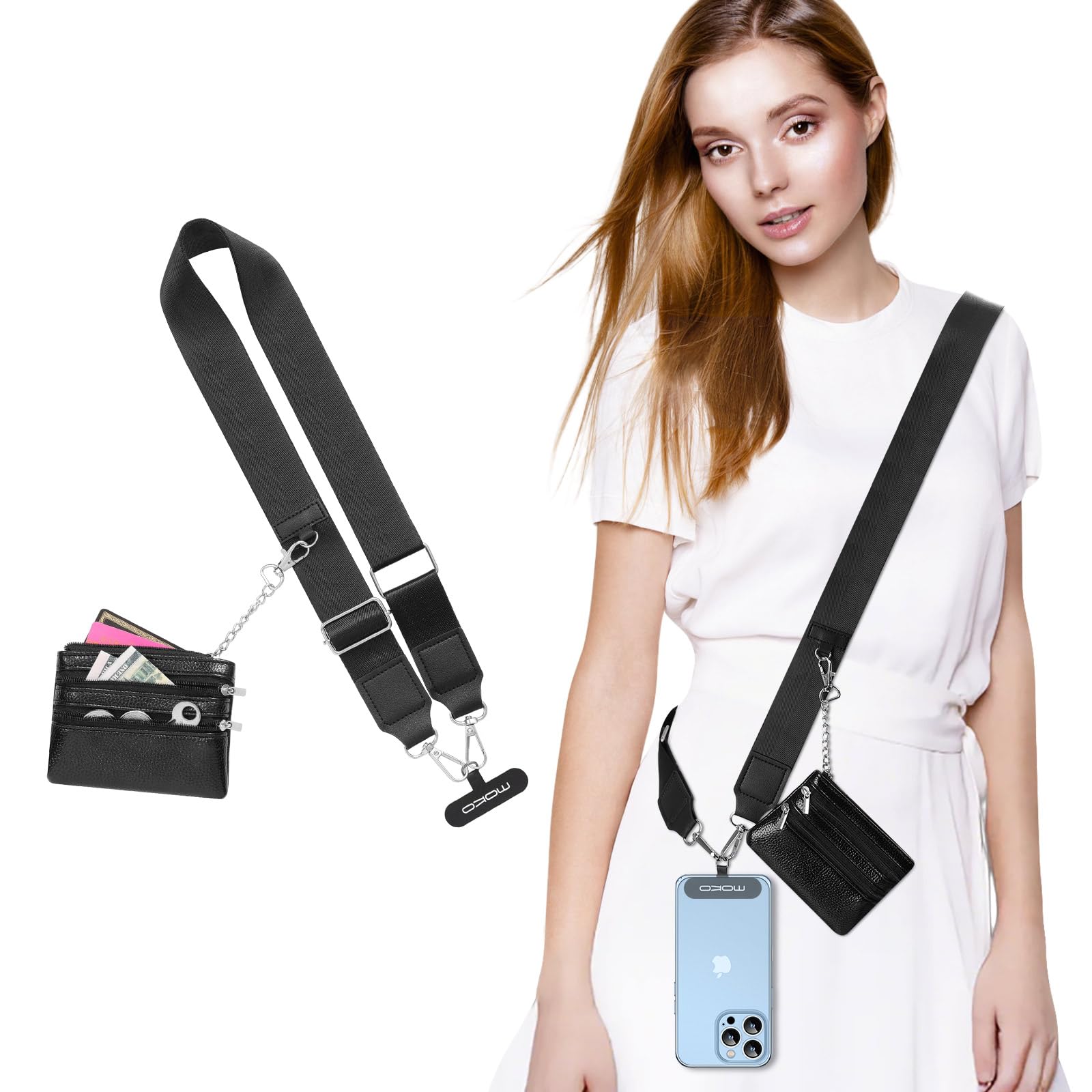 MoKo Adjustable Phone Lanyard with Wallet Pouch - for iPhone & Samsung (Black) - Perfect for Travel & Events