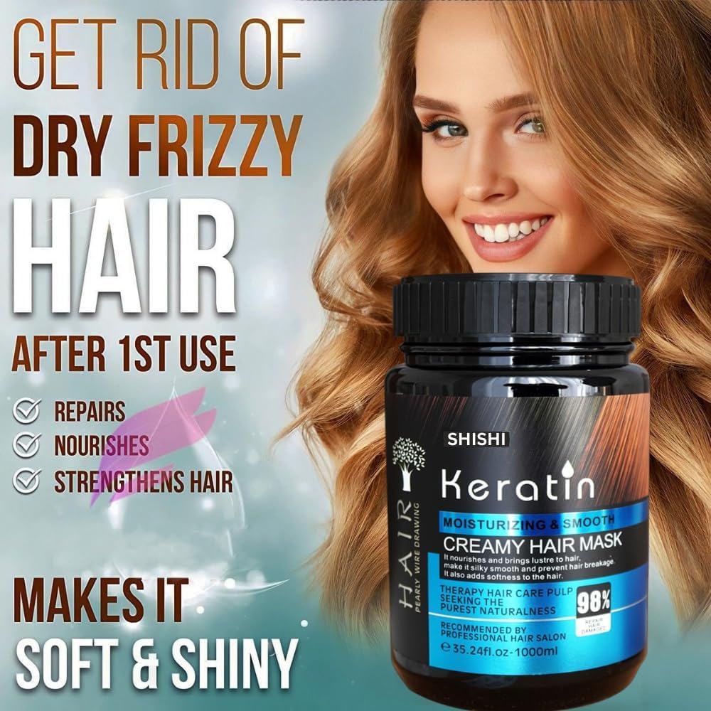SHISHI Keratin Moisturizing & Smooth Creamy Hair Mask 1000ml - Intense Repair for Dry & Damaged Hair - Salon-Quality Hair Spa Treatment at Home - Perfect for Post-Color, Heat Styling & Frizz Control