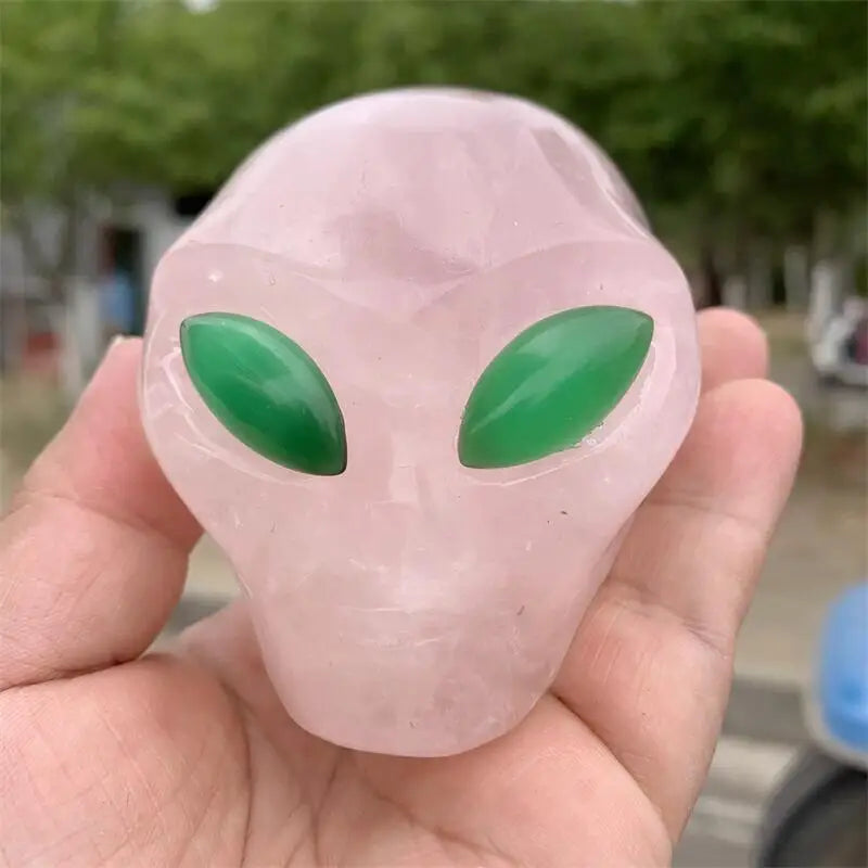 Hand Carved Natural Rose Quartz Crystal Alien Skull - Healing Reiki Stone, Unique Halloween Decor & Spiritual Gift for Home, Meditation & Energy Work