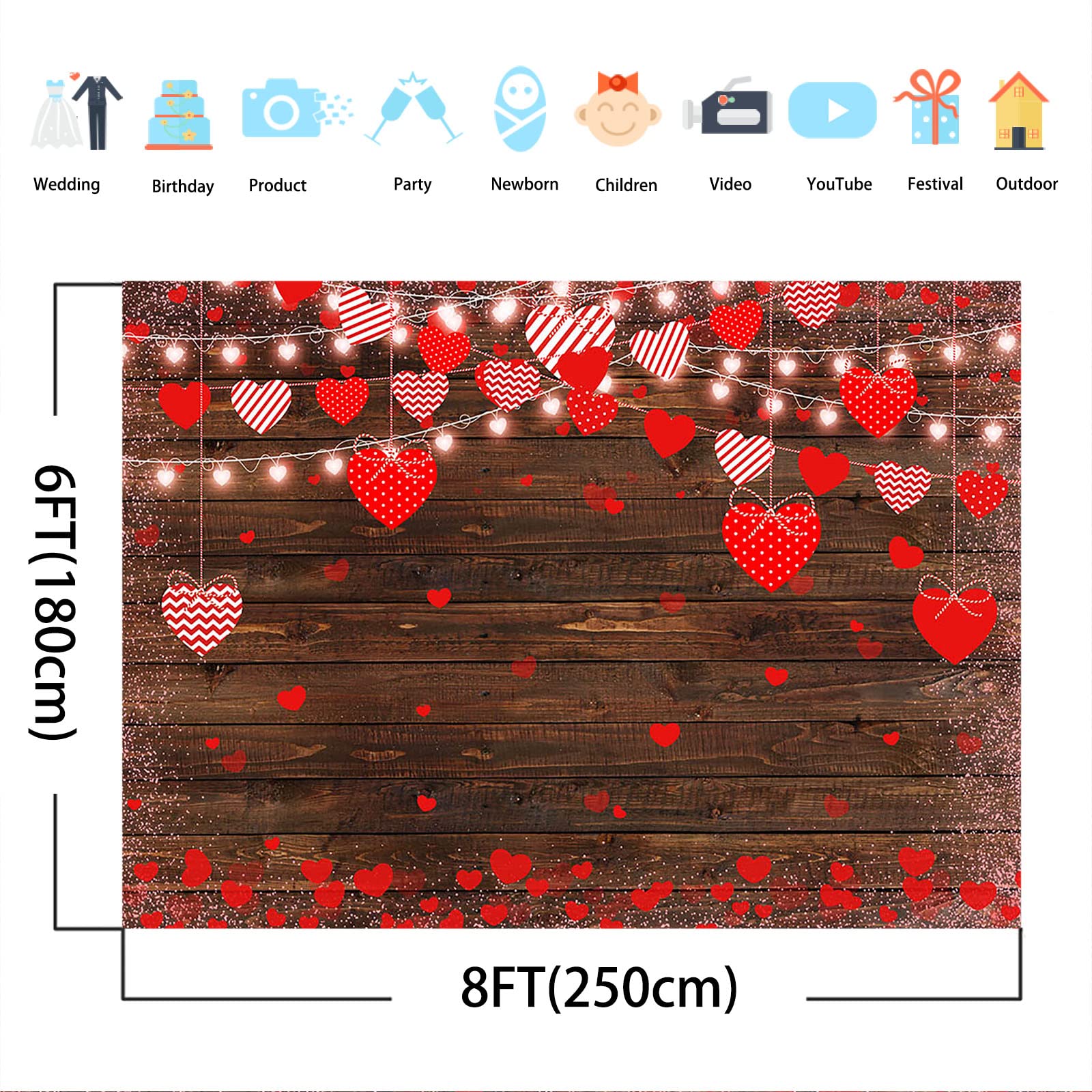 Valentine's Day Photography Backdrop - Rustic Wood with Glitter Lights & Red Hearts for Wedding, Bridal Shower, Birthday Party Decor - 8x6ft Photo Studio Props - Perfect for Romantic Events & Social Media Photos