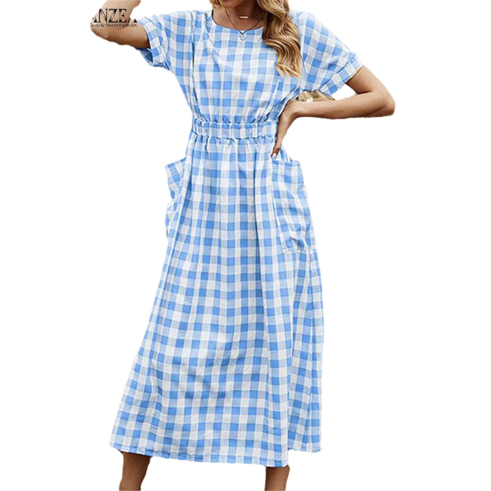 Bohemian Plaid Checked Summer Dress for Women - Short Sleeve Casual Sundress, Midi Kaftan Vestidos for Beach Holiday & Party Wear