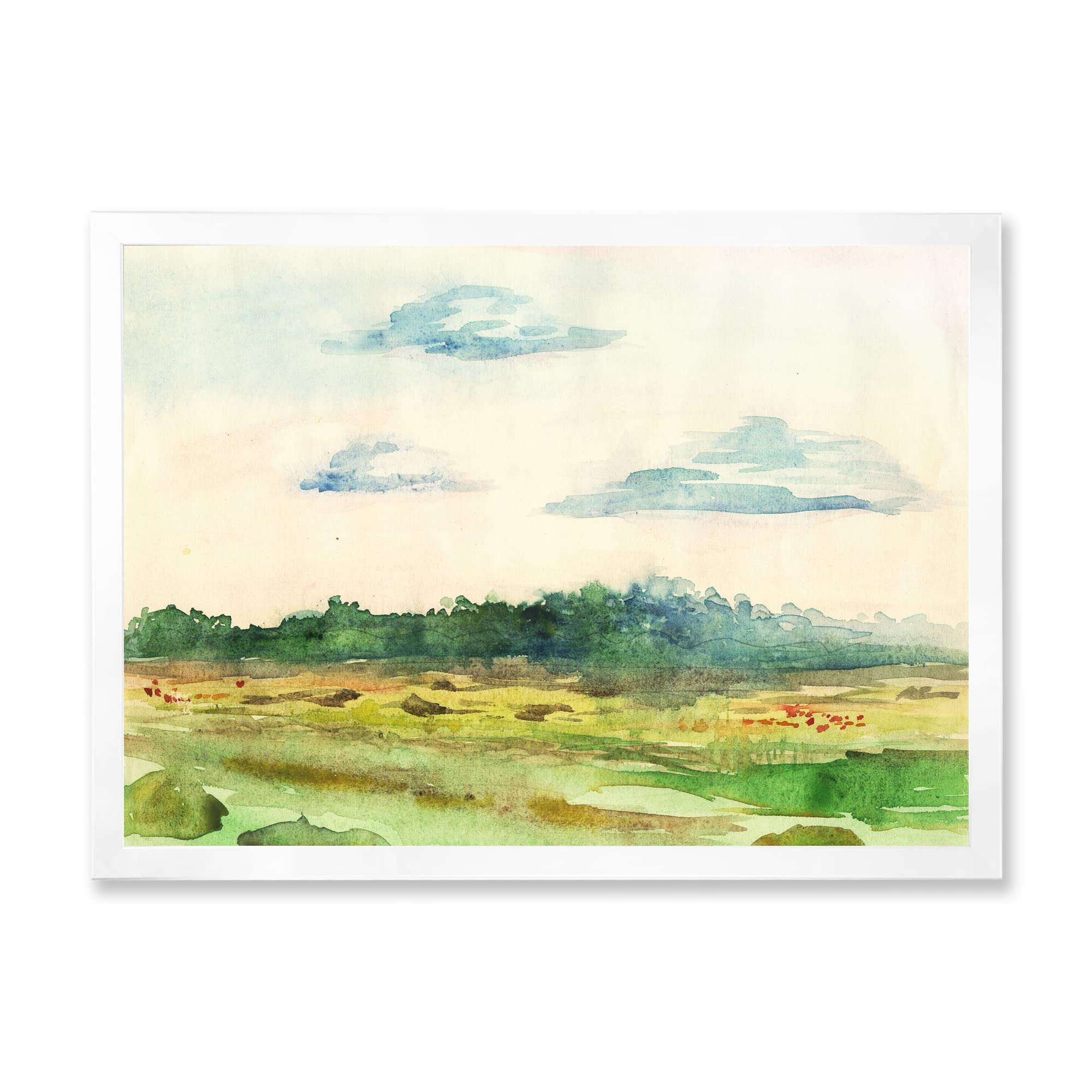 DesignQ Green Blossoming Summer Landscape Traditional Framed Wall Art - Vintage Botanical Painting for Living Room, Bedroom & Office Decor