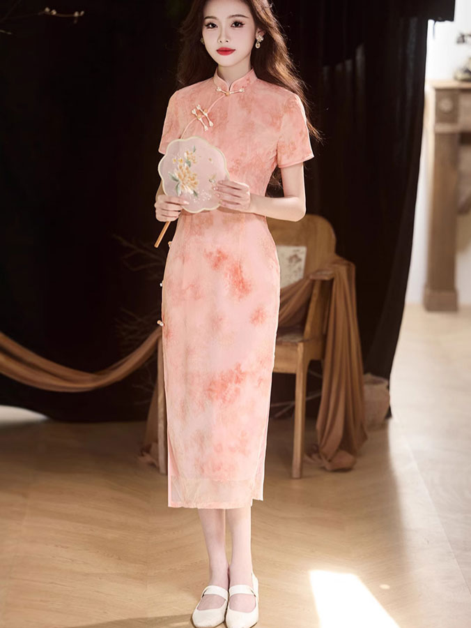 Elegant Pink and Green Jacquard Velvet Cheongsam Qipao Dress for Women | Traditional Chinese Style Evening Gown | Perfect for Weddings, Parties, and Special Occasions