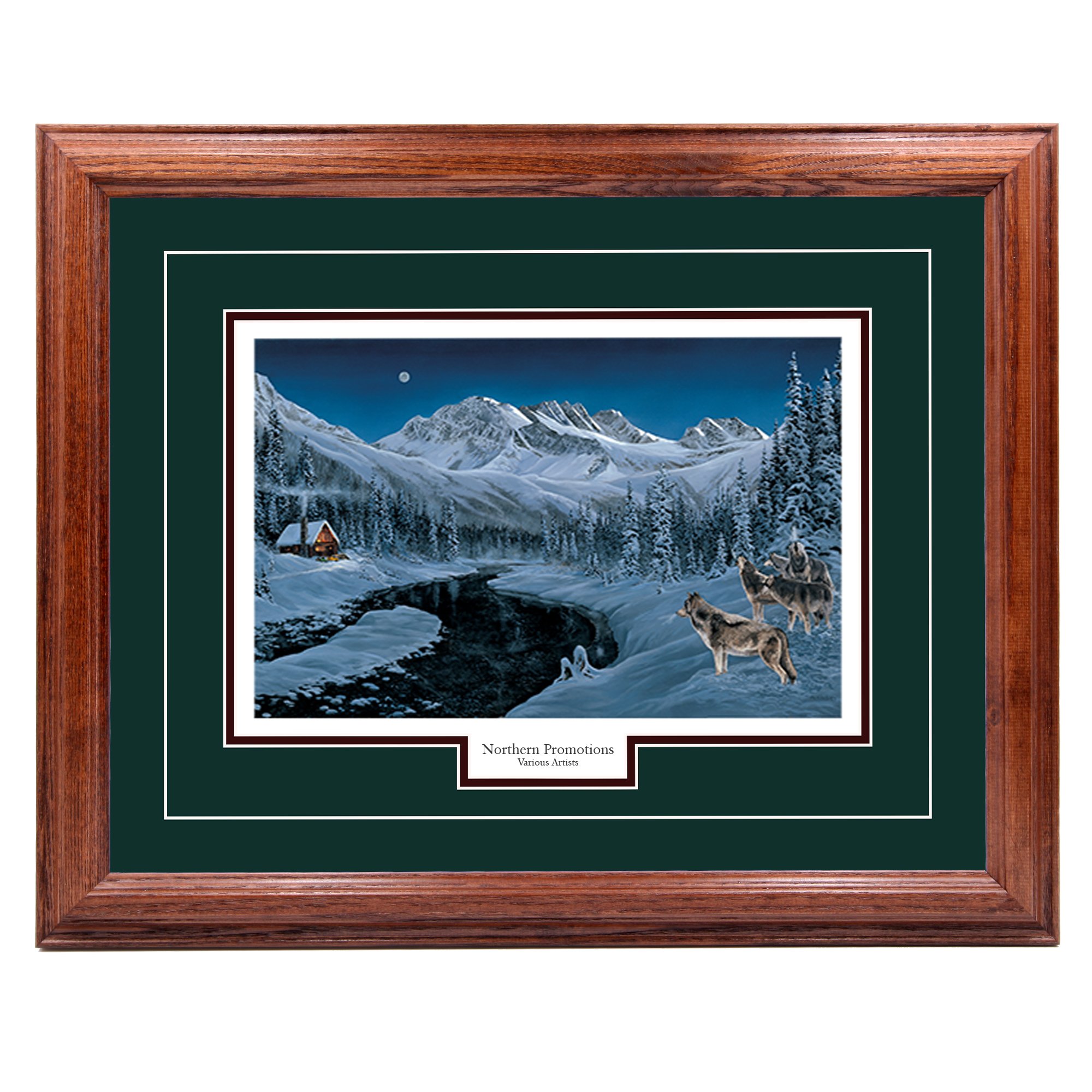 Andrew Kiss Wolves in Winter Nature Wall Art Print - Framed 30x40 Inches with Green Mat & Dark Oak Frame - Home Office Hotel Cabin Decor - Perfect Gift for Nature Lovers & Wildlife Enthusiasts