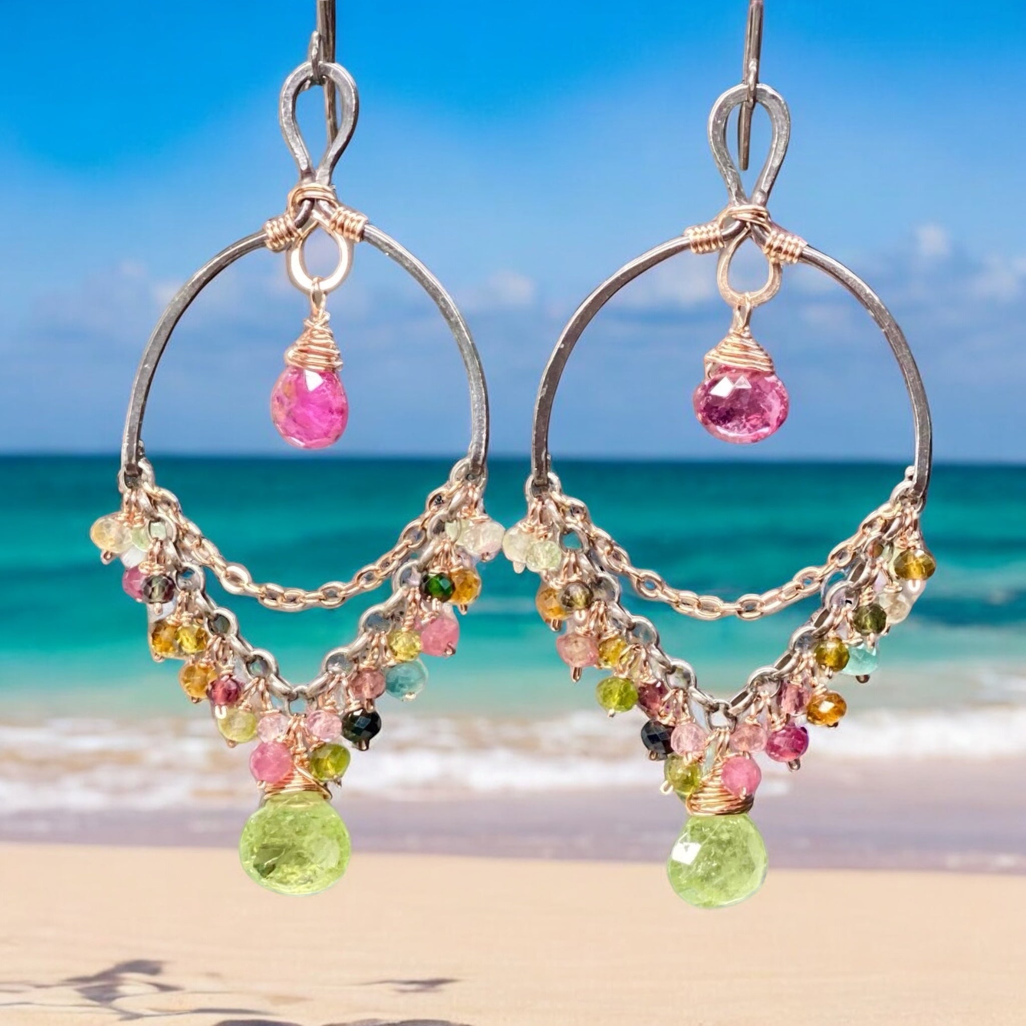 Tourmaline Chandelier Earrings Mixed Metal Boho Style for Women - Elegant Drop Dangle Earrings for Party, Wedding & Evening Occasions