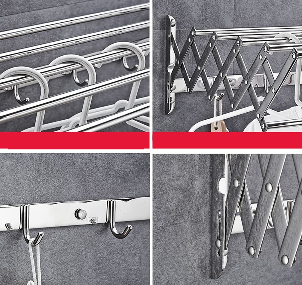 Stainless Steel Extendable Wall Mounted Clothes Drying Rack - 6 Rod Accordion Towel Airer with Hooks for Balcony, Bathroom & Laundry (60cm, Silver Chrome) - Space Saving Laundry Solution for Small Apartments & Homes