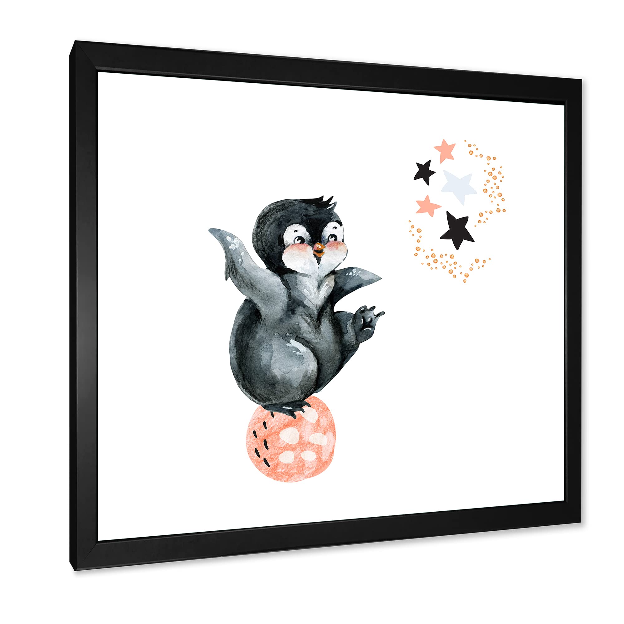 DesignQ Little Penguin with Stars and Planets II - Farmhouse Framed Wall Art Decor for Living Room, Nursery & Bedroom - Cute Animal Painting for Home & Office