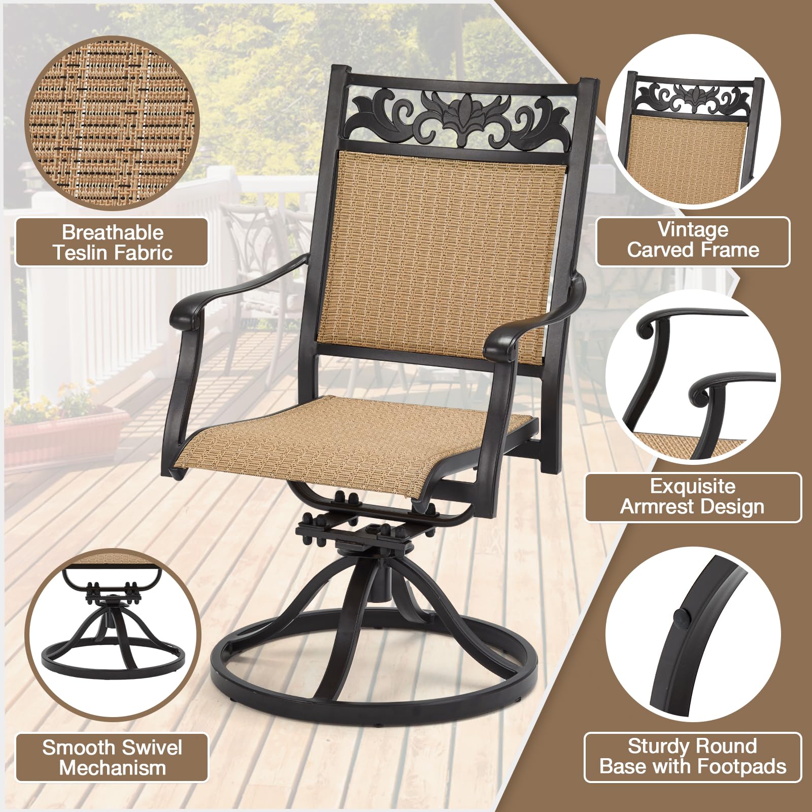 EROMMY 2-Piece Patio Swivel Chair Set - All-Weather Cast Aluminum Outdoor Sling Dining Chairs with 360° Swivel Base - Comfortable Rocking Chairs for Backyard, Garden, Deck, Porch & Balcony - Perfect for Outdoor Dining, Relaxing & Entertaining (Brown)