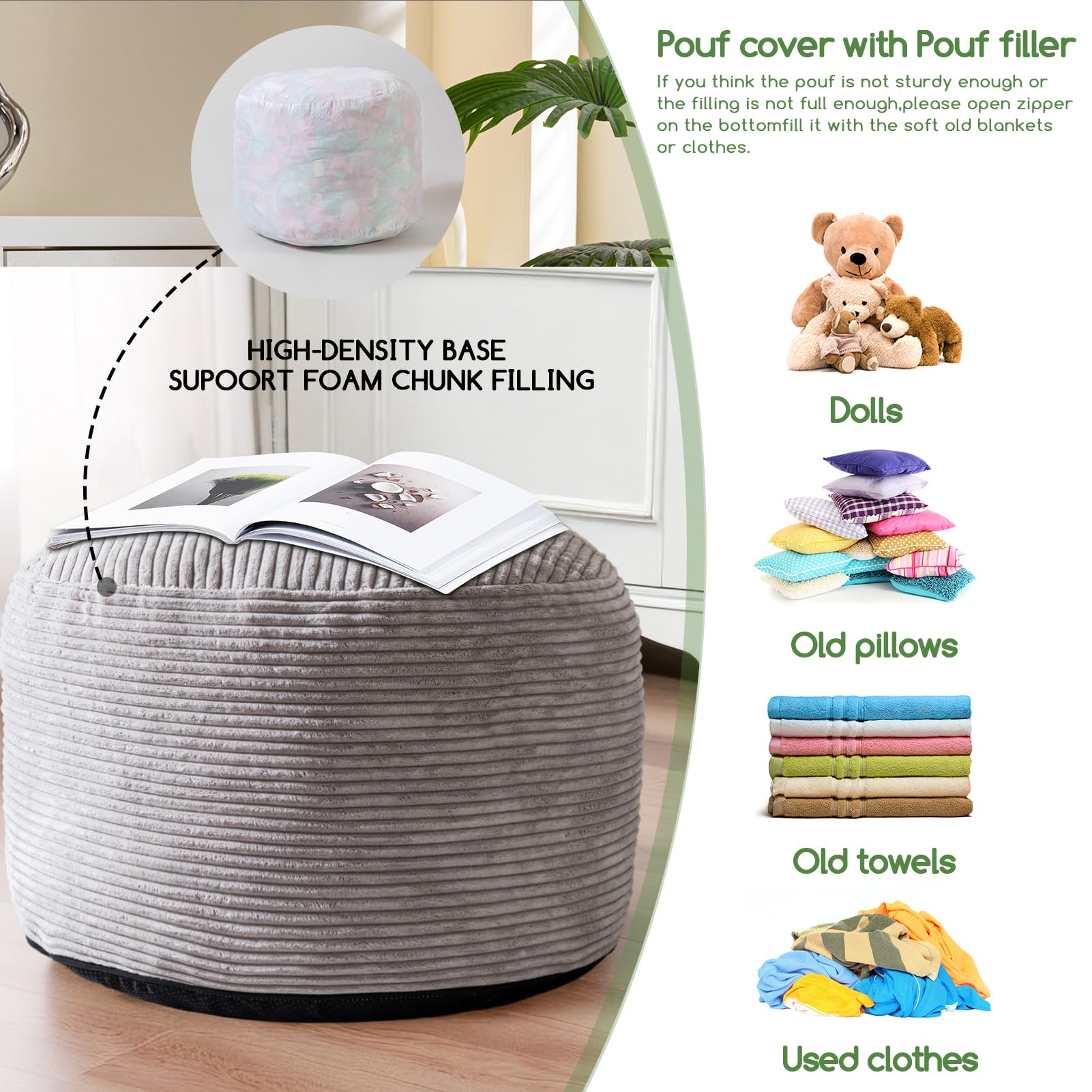 MAXYOYO Round Stuffed Pouf Ottoman - Corduroy Foam-Filled Footrest, 20 x 15 Inches, Grey | Perfect for Living Room, Bedroom & Nursery Decor