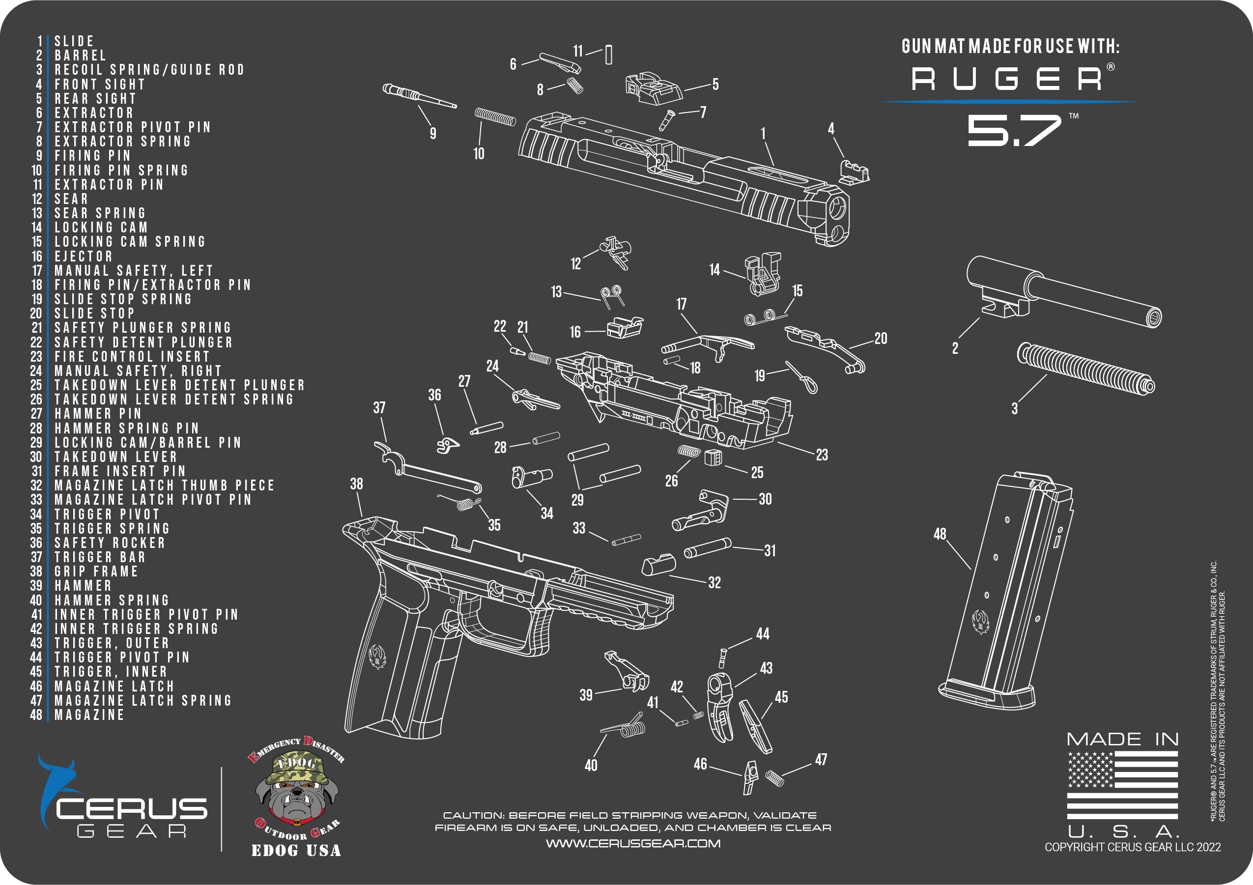 EDOG 5.7 Gun Cleaning Mat with Exploded View Diagram - Ruger 5.7 Series Pistol Compatible, 3mm Padded, Oil & Solvent Resistant - Protect Firearms & Workbench for Home & Range Maintenance
