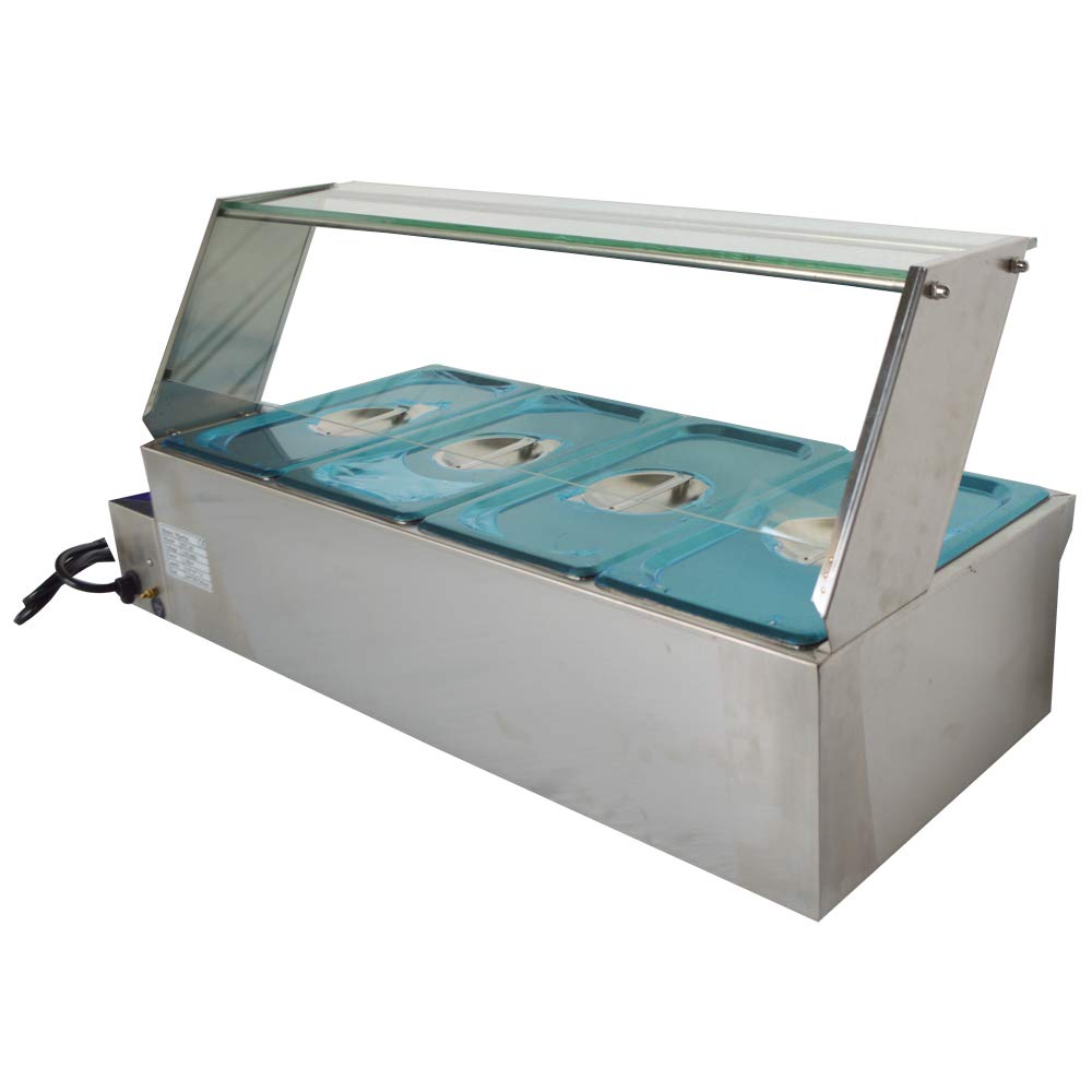 Commercial Food Warmer Bain Marie Buffet Steam Heater - 12x5.5x6 Inch Stainless Steel Pan with Glass Shield (4 Pans) - Perfect for Restaurants, Catering & Buffet Service
