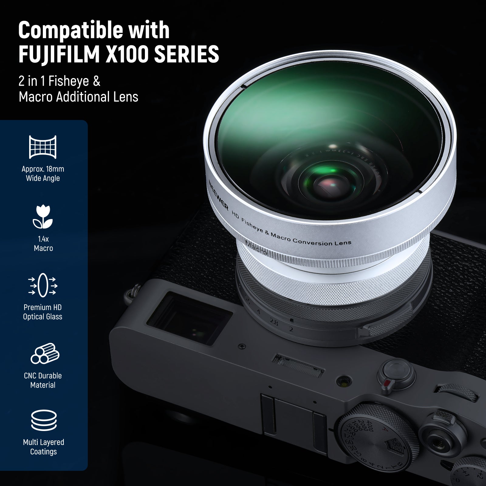 NEEWER LS 46 49mm 0.43x Fisheye & 1.4x Macro Lens for Fujifilm X100 Series Cameras - Wide Angle & Close-Up Photography for Travel, Vlogging, and Creative Shots