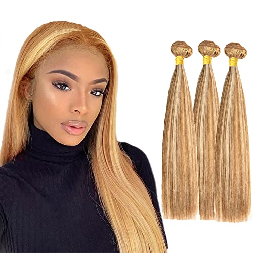 Honey Blonde Ombre Human Hair Extensions 8A Brazilian Virgin Remy Hair Bundles 10-14 Inch - P27/613 Straight Hair Weft for Styling & Volume | Perfect for Daily Wear, Parties & Special Occasions