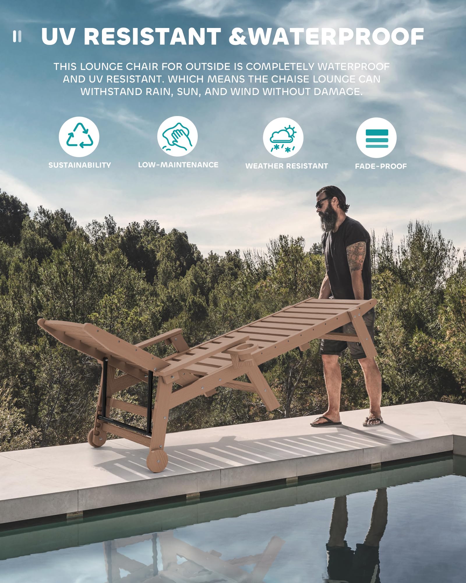 SERWALL 2-Piece Adjustable Patio Chaise Lounge Chair Set - 5-Position HDPE Outdoor Lounge Chairs with Rolling Wheels & Cup Holder - Perfect for Poolside, Deck, Garden, and Backyard Relaxation - Brown
