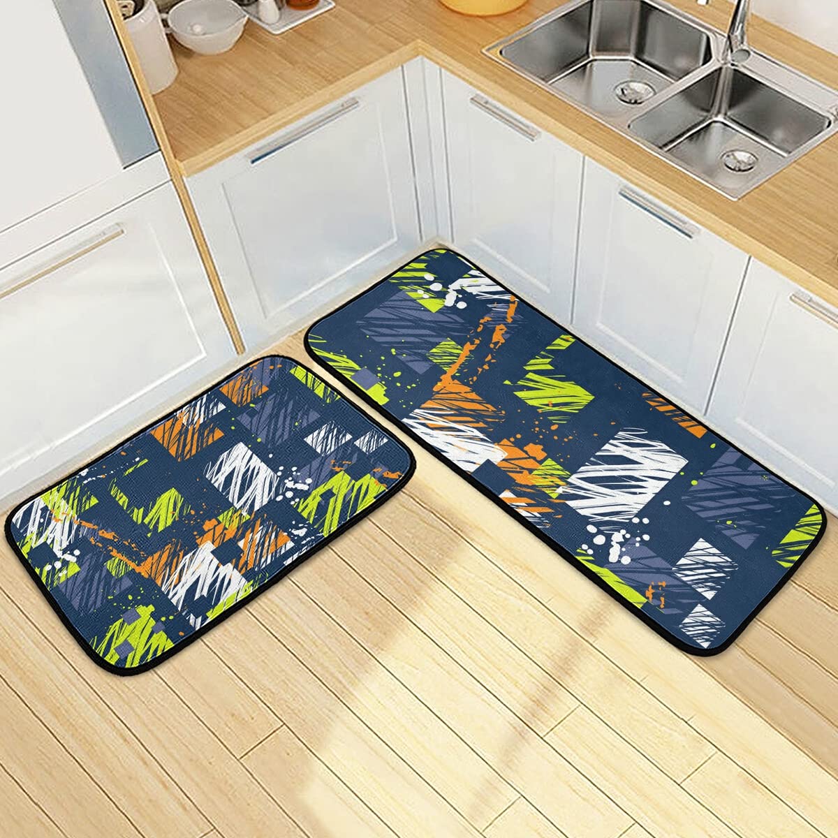Abstract Grunge Squares Non-Slip Washable Kitchen Rugs Set of 2 - Anti-Skid Floor Mats for Kitchen Sink, Laundry Room & Home Decor | Perfect for High-Traffic Areas, Pet-Friendly Homes & Modern Farmhouse Style