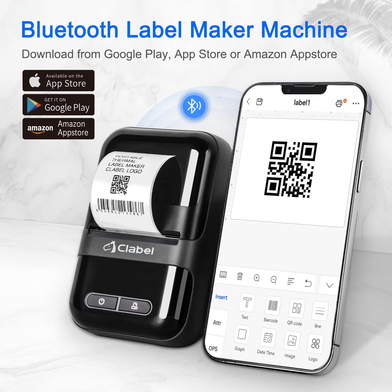 CLABEL 2 Inch Bluetooth Thermal Label Printer - Portable Barcode Sticker Maker Machine with 1 Roll Tape, No Ink Needed for Small Business, Office & Home Use | Perfect for Shipping Labels, Inventory Management & Organization (Black)