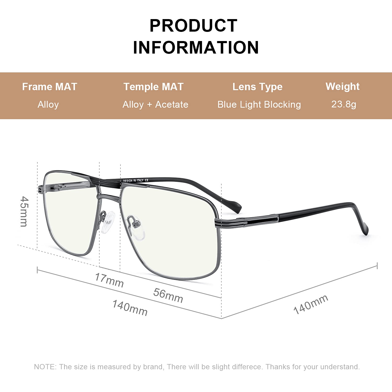 Blue Light Blocking Reading Glasses for Men - Square Frame with Double Bridge - Computer Glasses for Office Work & Screen Time