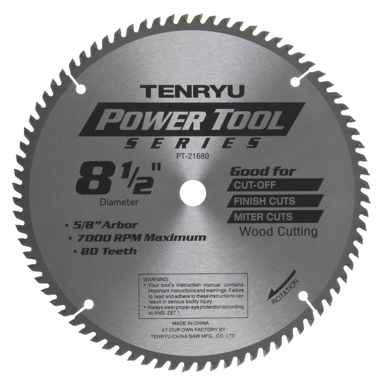 Tenryu PT-21680 8-Inch Carbide Tipped Saw Blade - 80 Tooth ATAF Grind, 5/8-Inch Arbor, 0.087 Kerf - Perfect for Woodworking, Cabinetry, and Fine Finish Cuts
