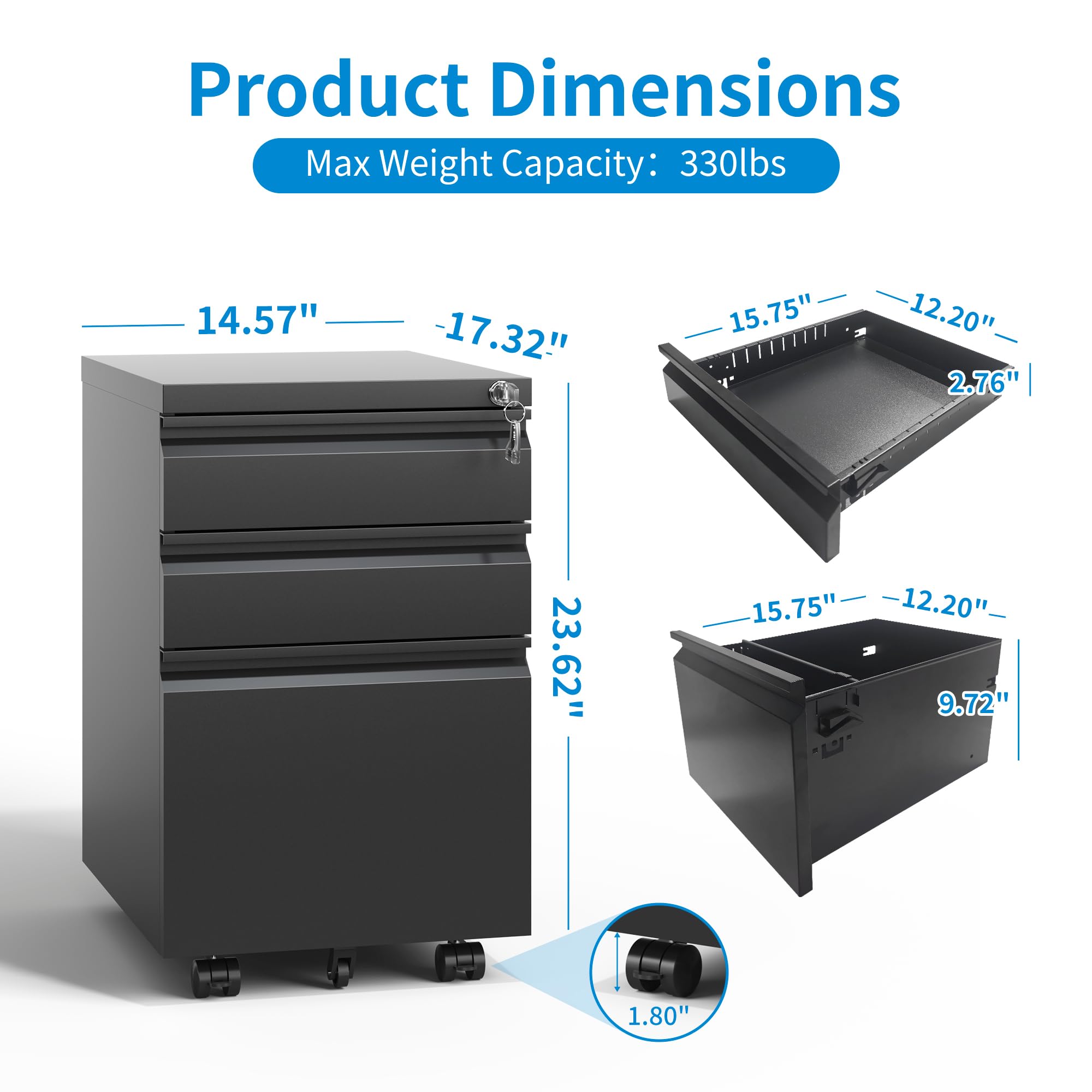 3 Drawer Mobile File Cabinet - Black Metal Under Desk Filing Cabinet with Wheels & Lock, Slim Vertical Office Organizer for Home & Business, Fully Assembled, Fits Letter/Legal/A4 Folders - Perfect for Small Spaces & Clutter-Free Workspaces - Ideal for Home Offices, Workstations & Compact Work Areas - Great for Document Storage, Office Organization & Space-Saving Solutions