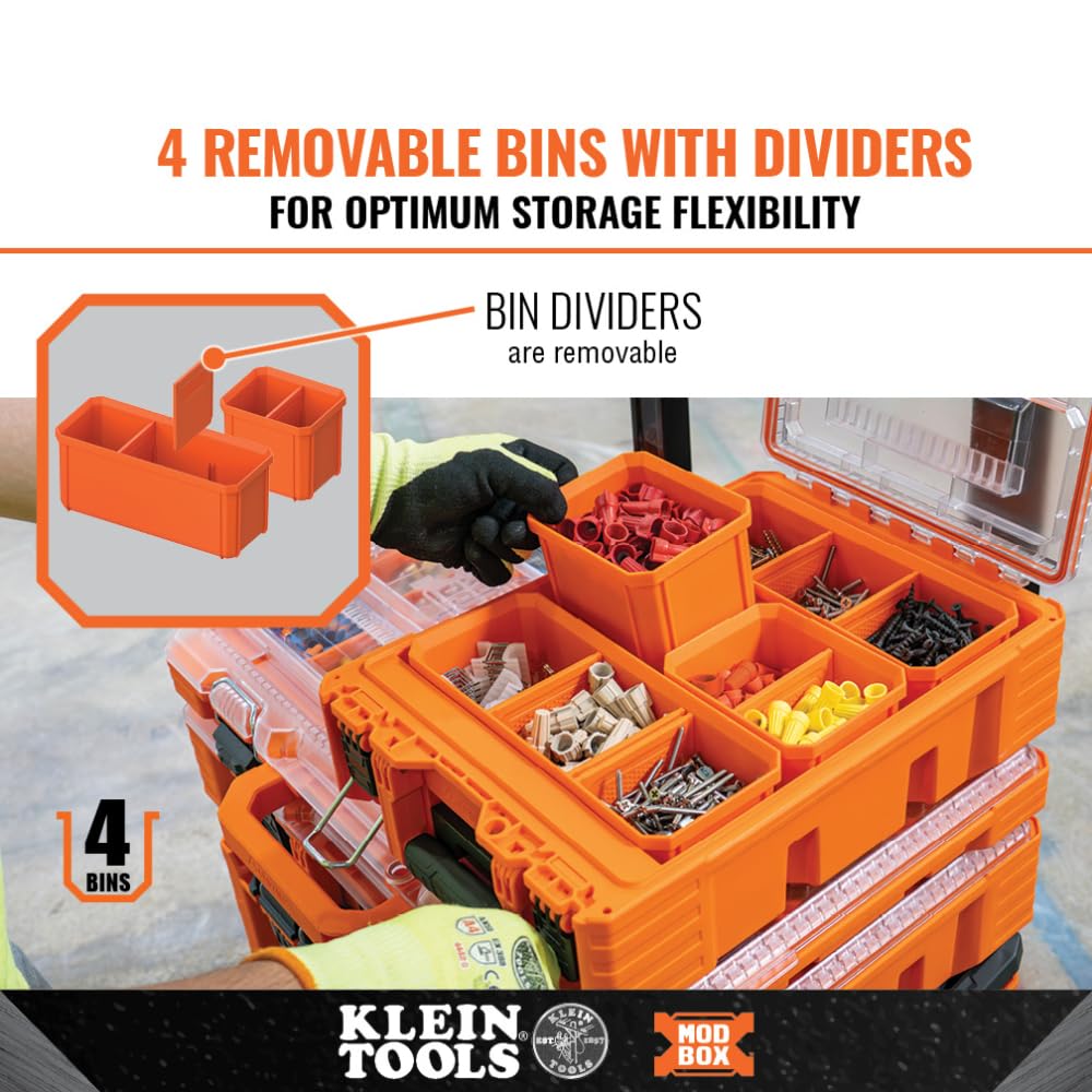 Klein Tools 54808MB MODbox Tall Compartment Organizer - 10 Compartments, 4 Removable Bins for Fasteners & Small Parts - Half-Width Stackable Tool Box Module for Workshop, Garage & DIY Projects