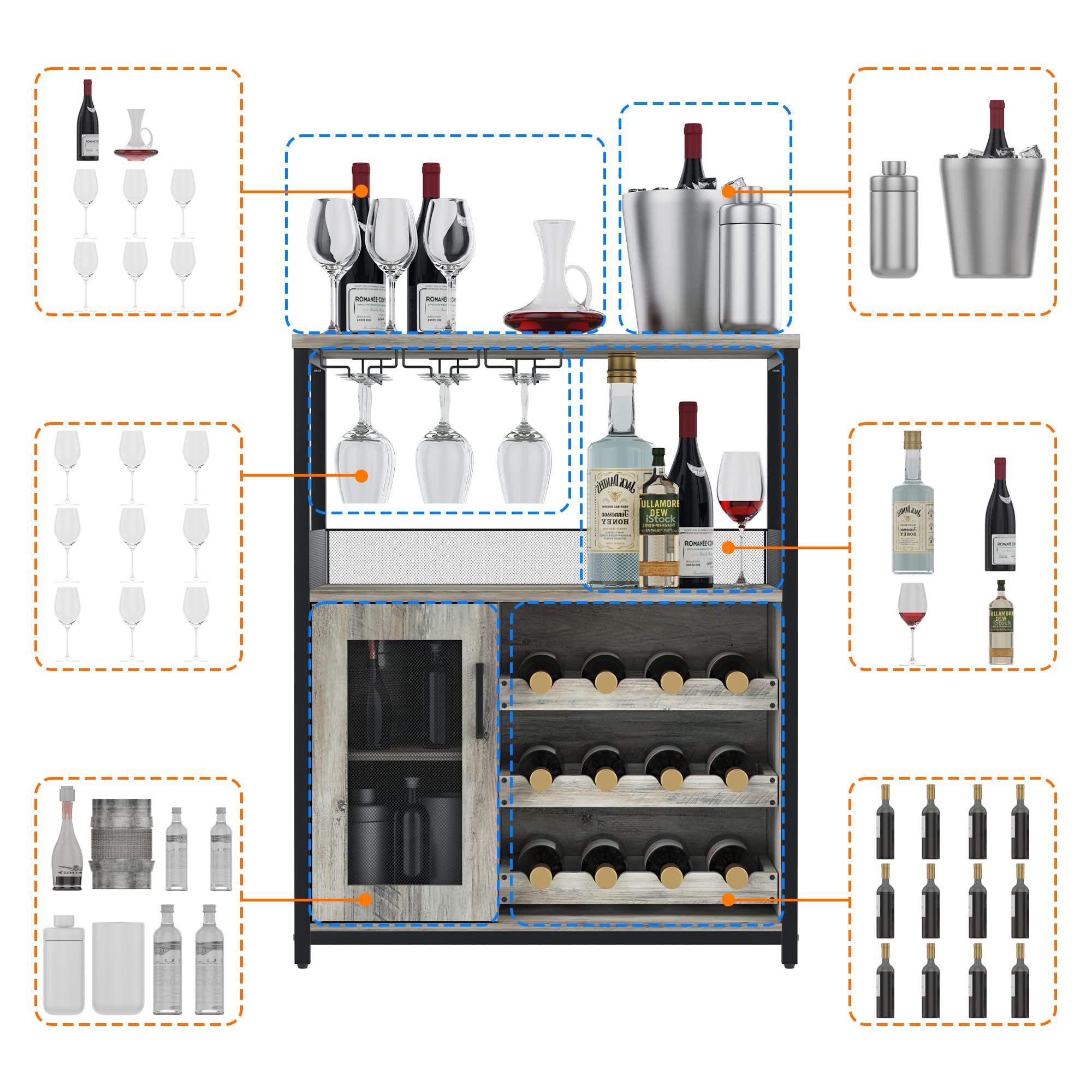 GAOMON Modern Wine Bar Cabinet with Detachable Wine Rack & Glass Holder - Grey Buffet Sideboard with Mesh Door for Dining Room, Kitchen, or Living Room Storage