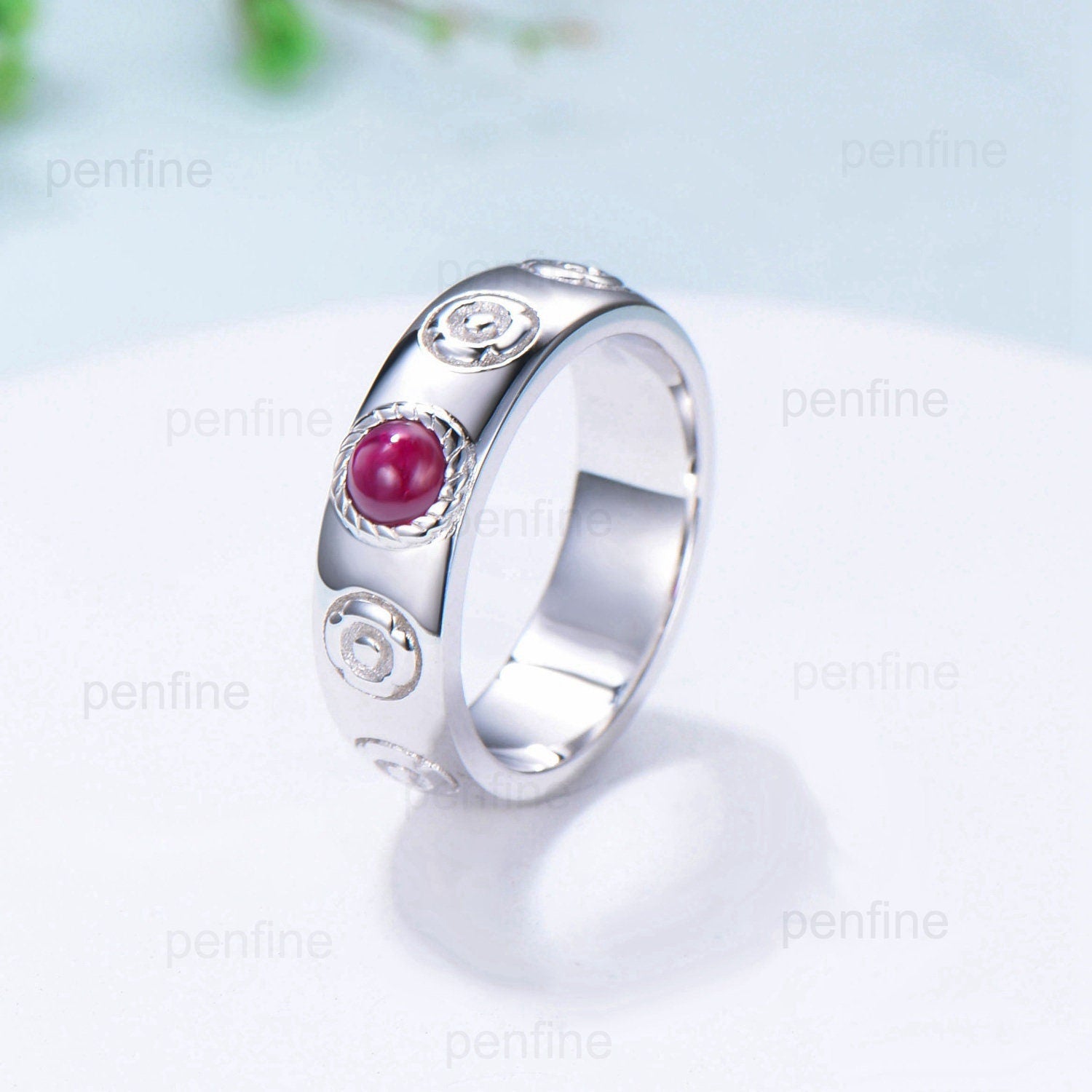Howl's Moving Castle Men's Ring - 4mm Round Natural Ruby Wedding Band in Sterling Silver & White Gold - Matching Stacking Ring Set for Couples - Perfect Anniversary, Engagement, or Valentine's Day Gift for Him